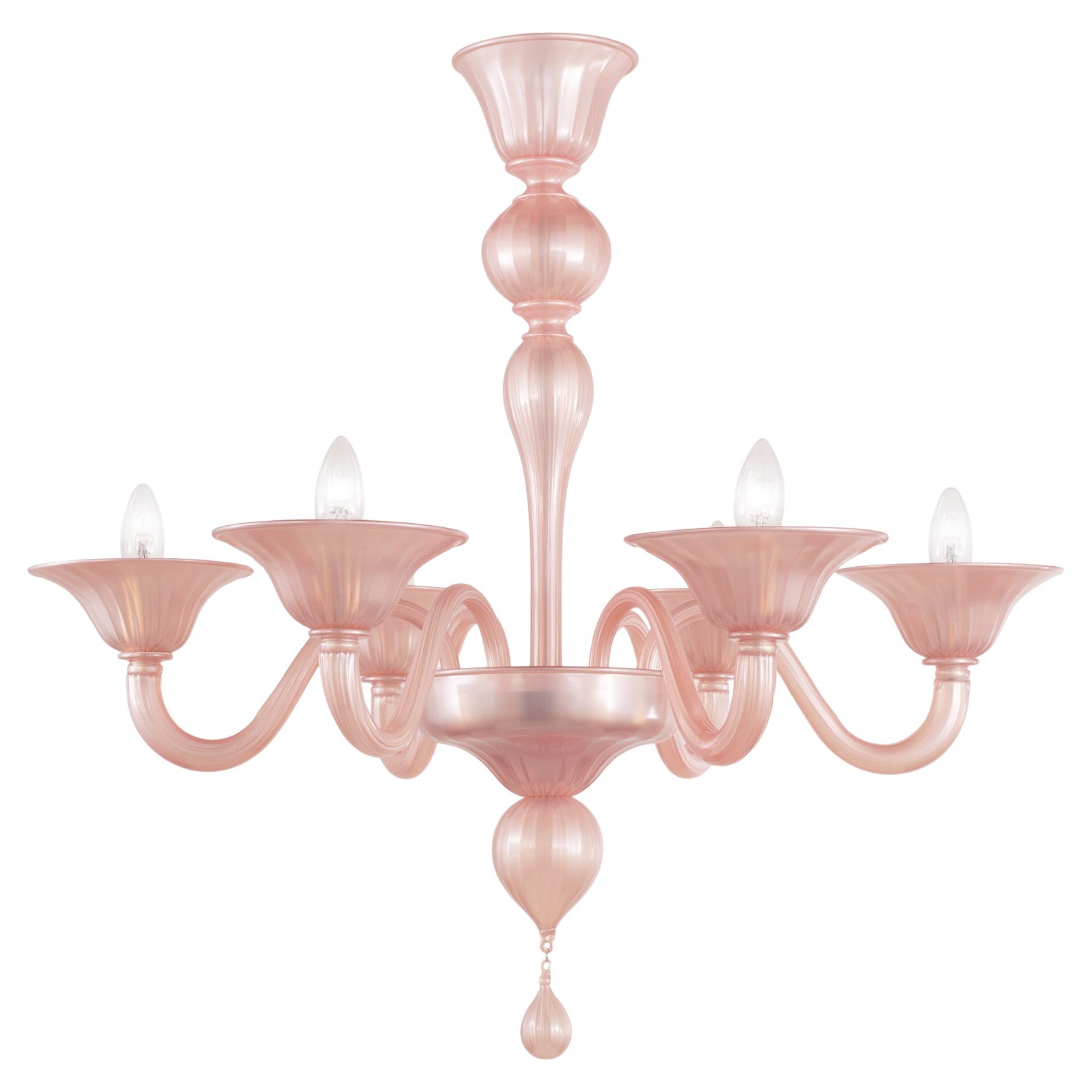 Simplicissimus Chandelier, 6 arms Pearl Pink Murano Glass by Multiforme in Stock