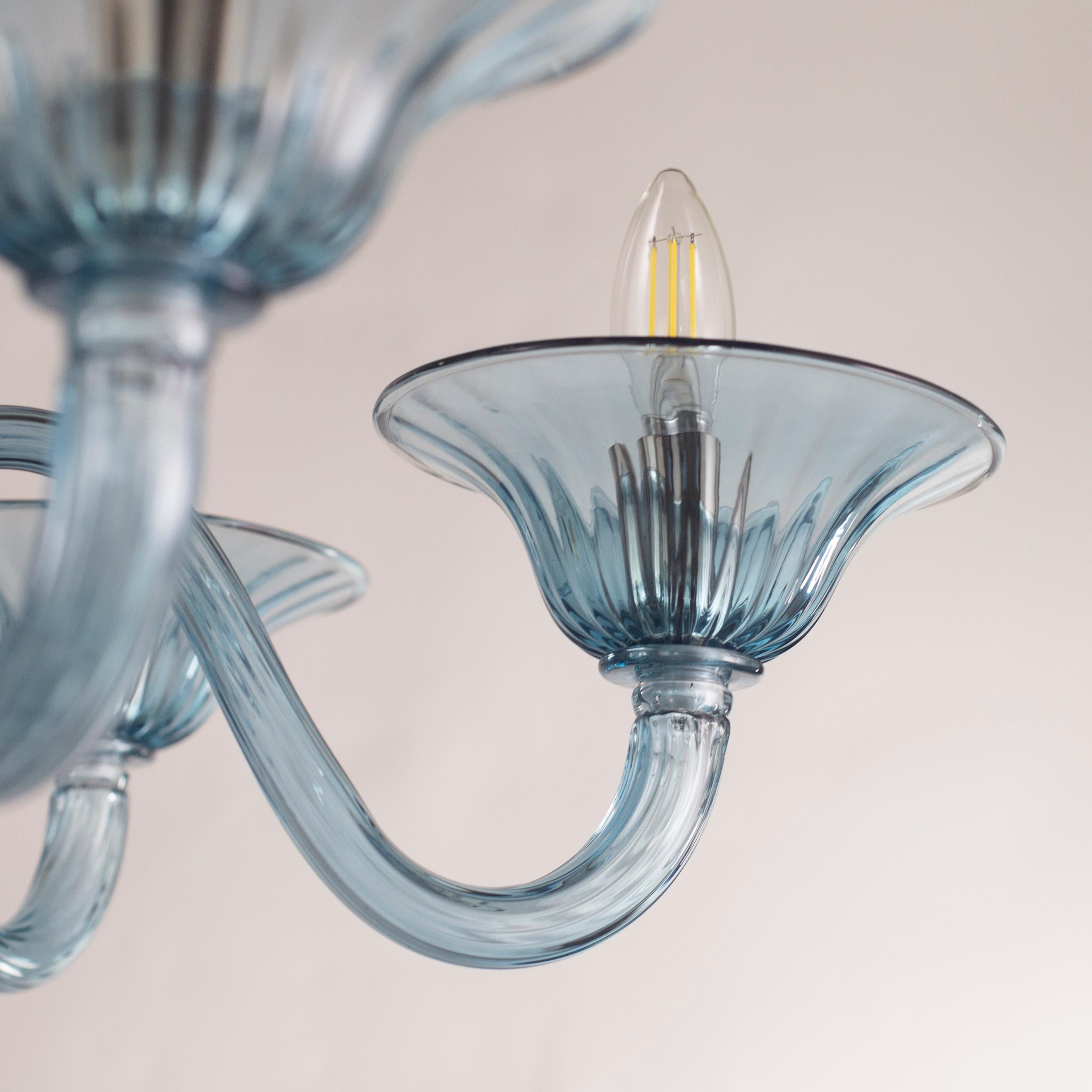 Italian Simplicissimus Chandelier, 6 Arms Talco Blue Murano Glass by Multiforme in Stock For Sale