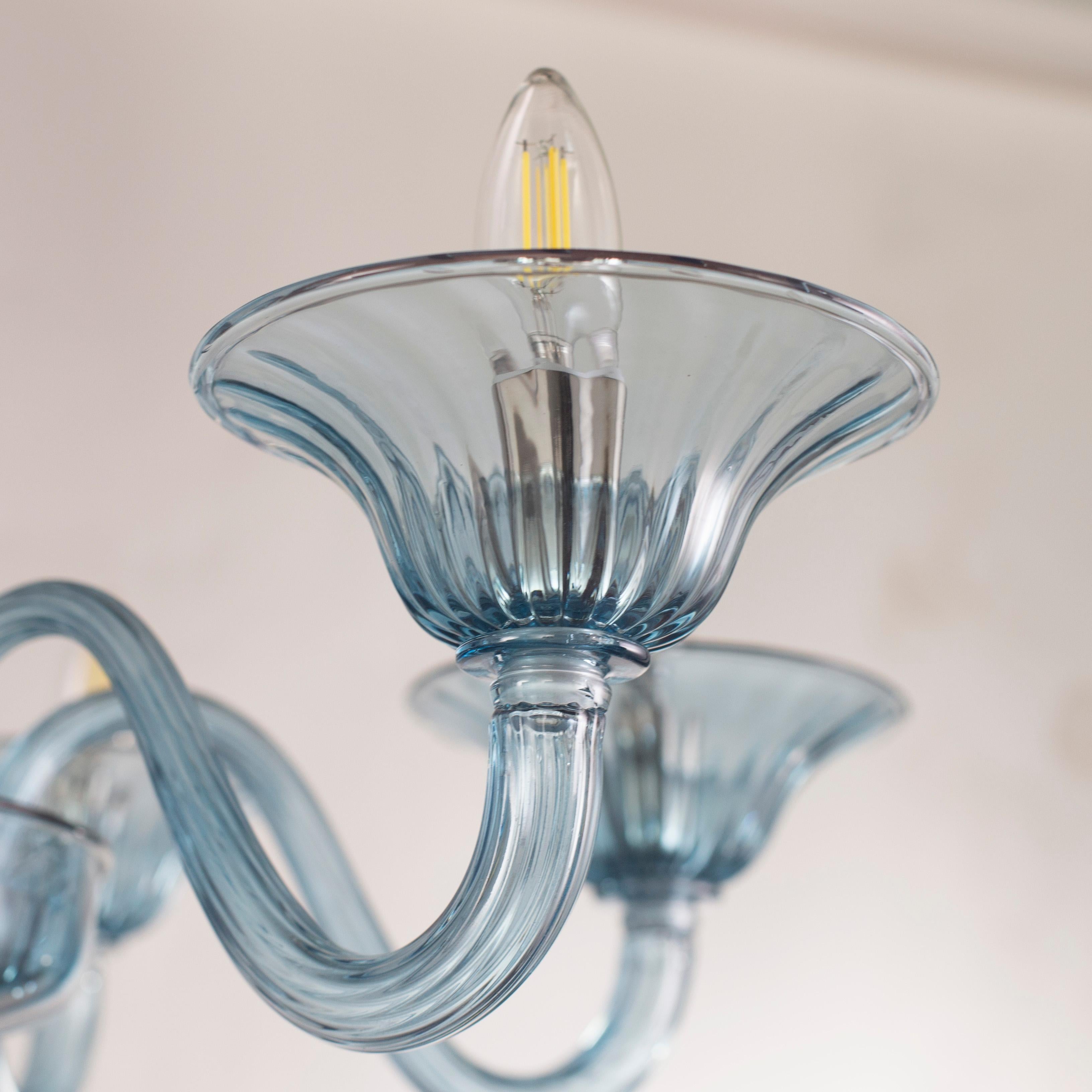 Blown Glass Simplicissimus Chandelier, 6 Arms Talco Blue Murano Glass by Multiforme in Stock For Sale
