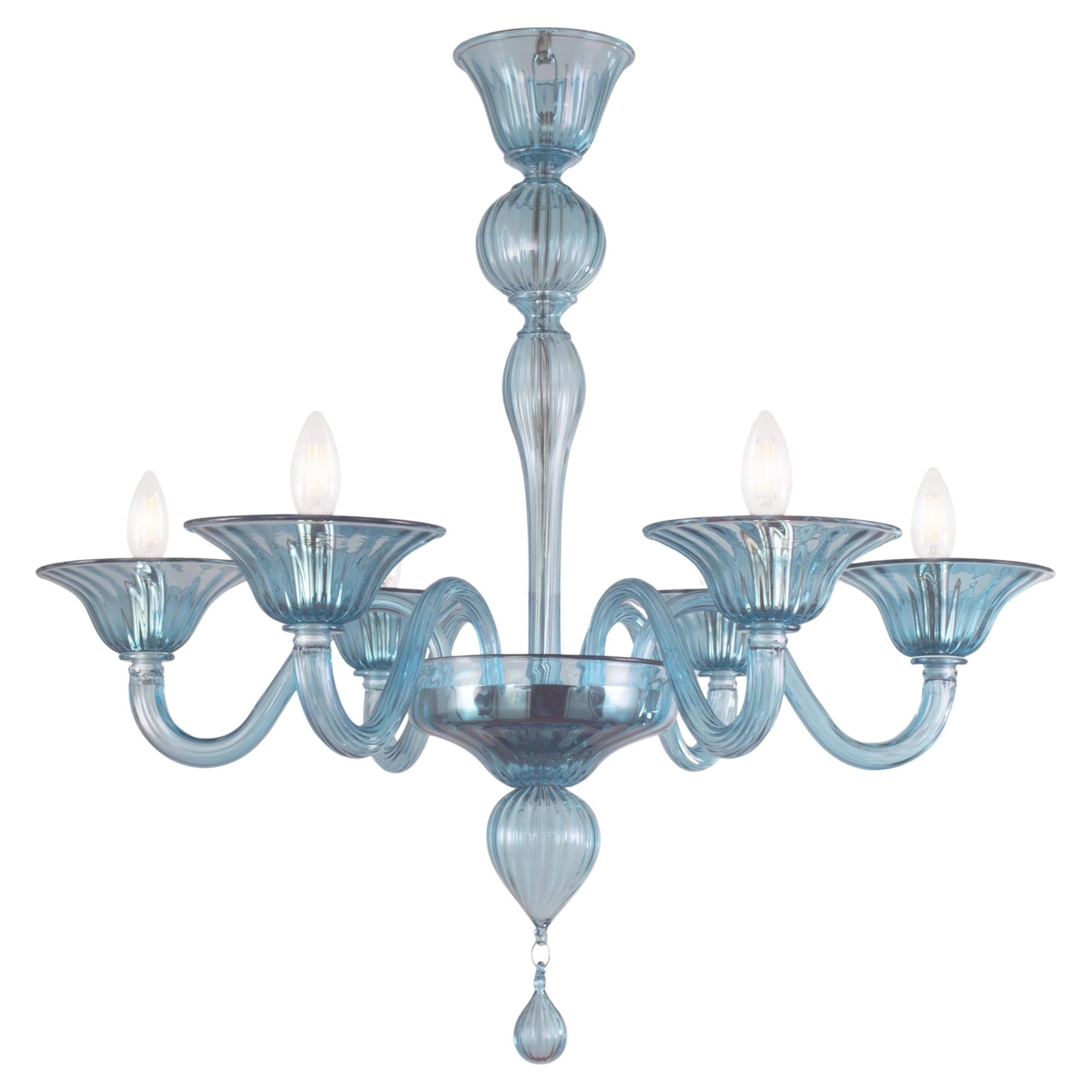 Simplicissimus Chandelier, 6 Arms Talco Blue Murano Glass by Multiforme in Stock