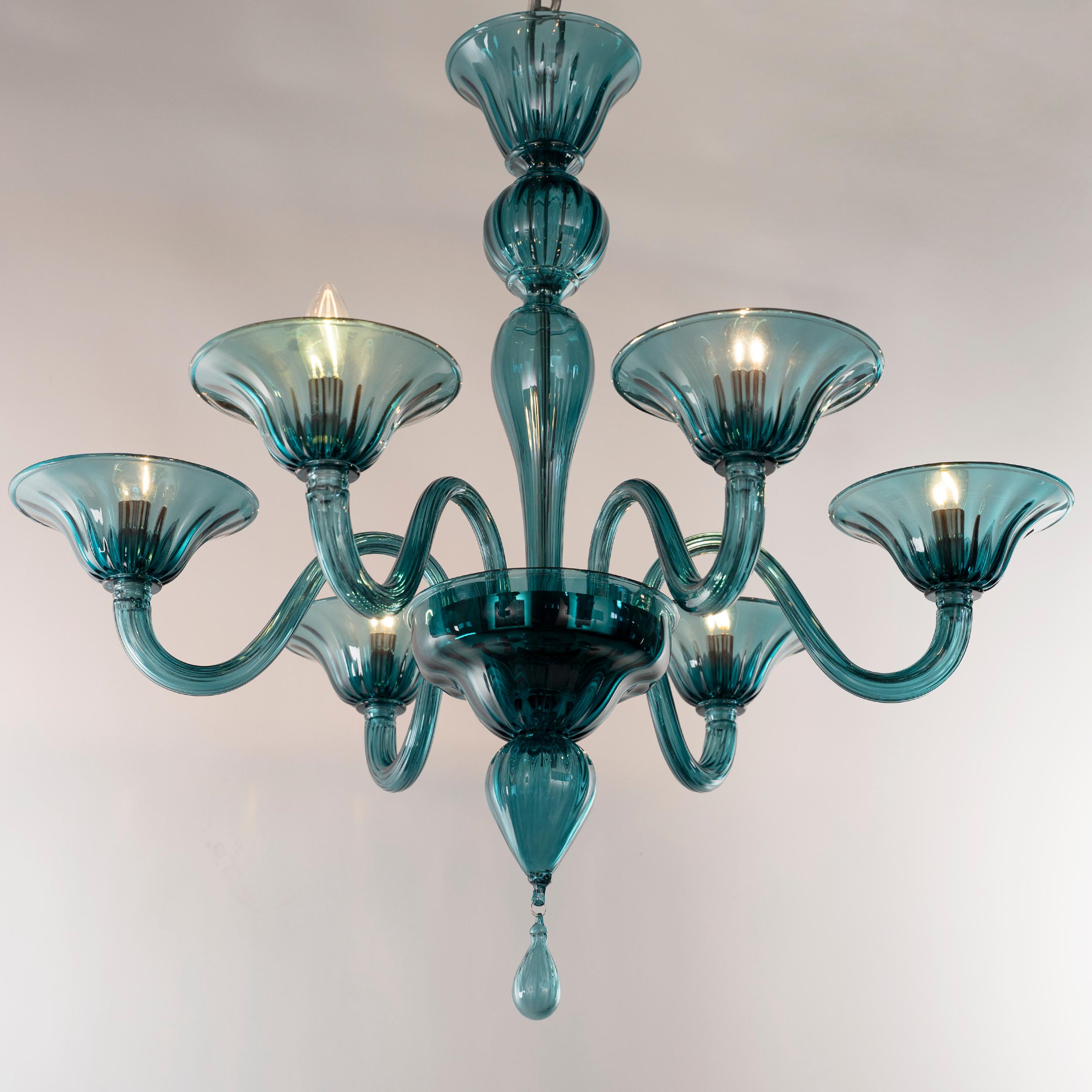 Vetro soffiato Lampadario Simplicissimus, 6 bracci in vetro di Murano blu teal by Multiforme in vendita