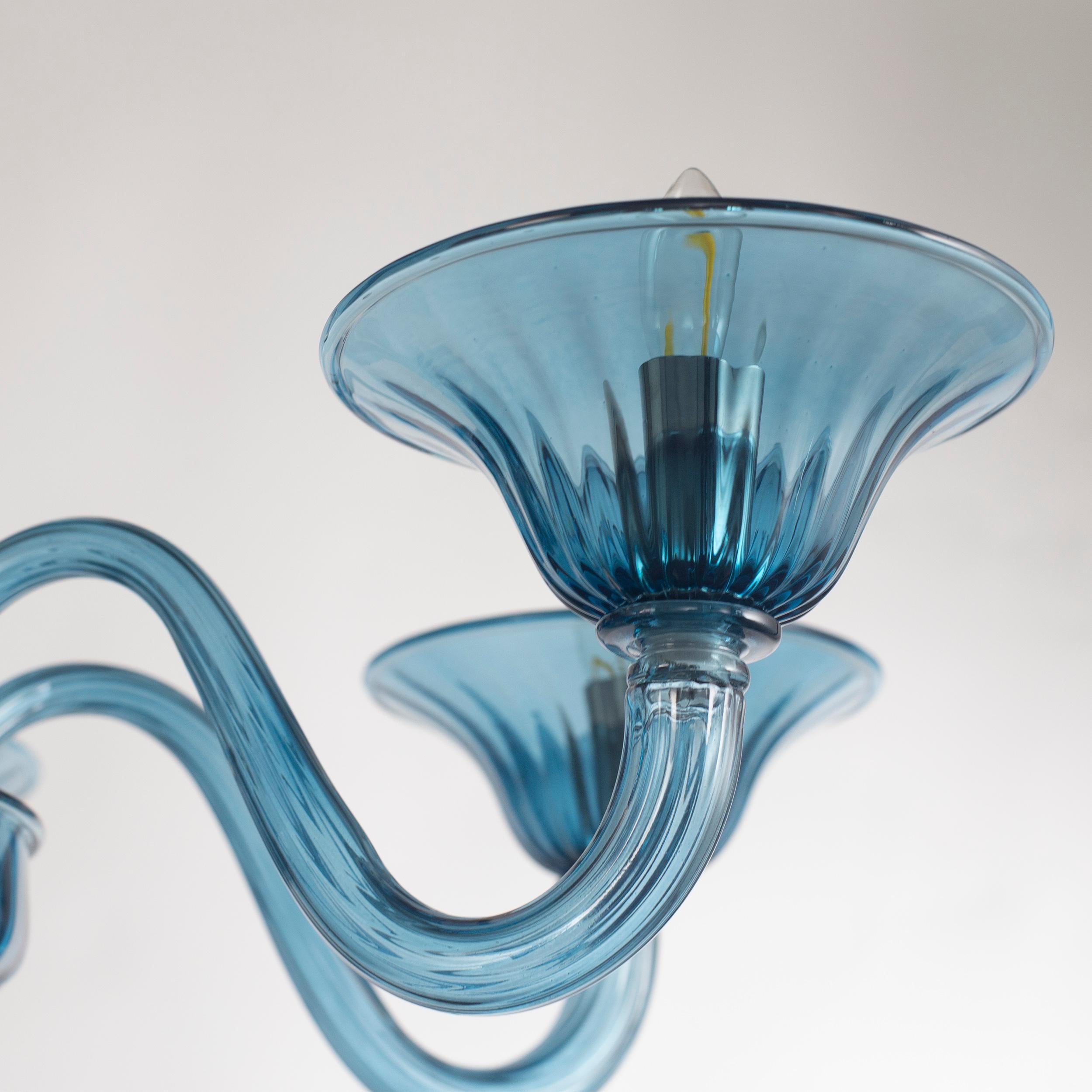 Italian Simplicissimus Chandelier, 6 Arms Teal Blue Murano Glass by Multiforme in Stock For Sale