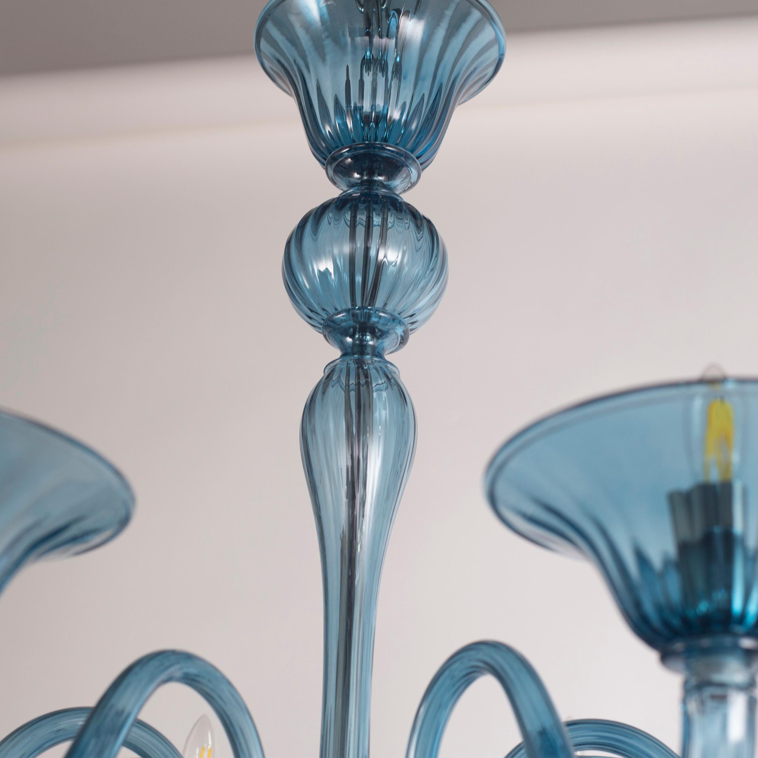 Simplicissimus Chandelier, 6 Arms Teal Blue Murano Glass by Multiforme in Stock In New Condition For Sale In Trebaseleghe, IT