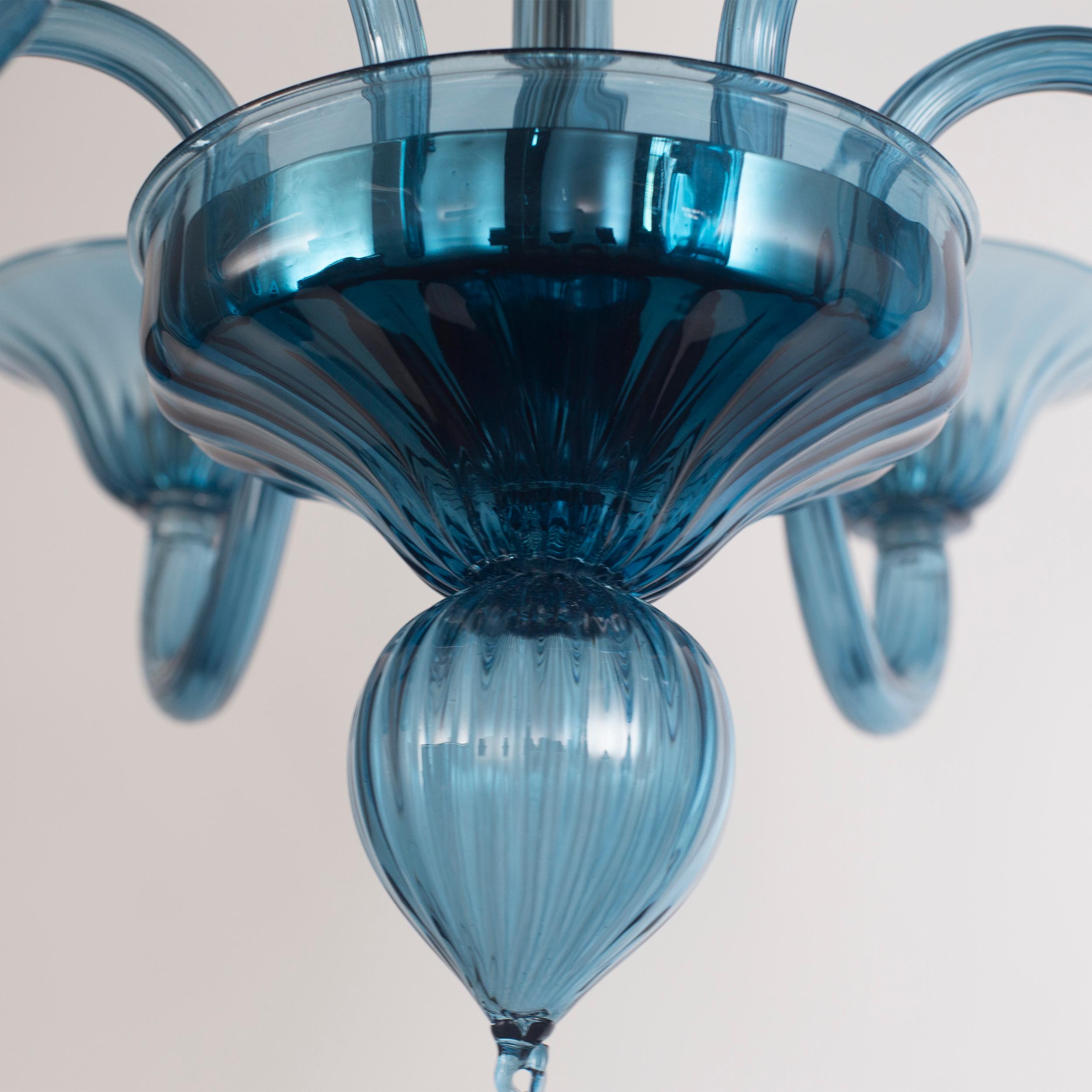 Contemporary Simplicissimus Chandelier, 6 Arms Teal Blue Murano Glass by Multiforme in Stock For Sale