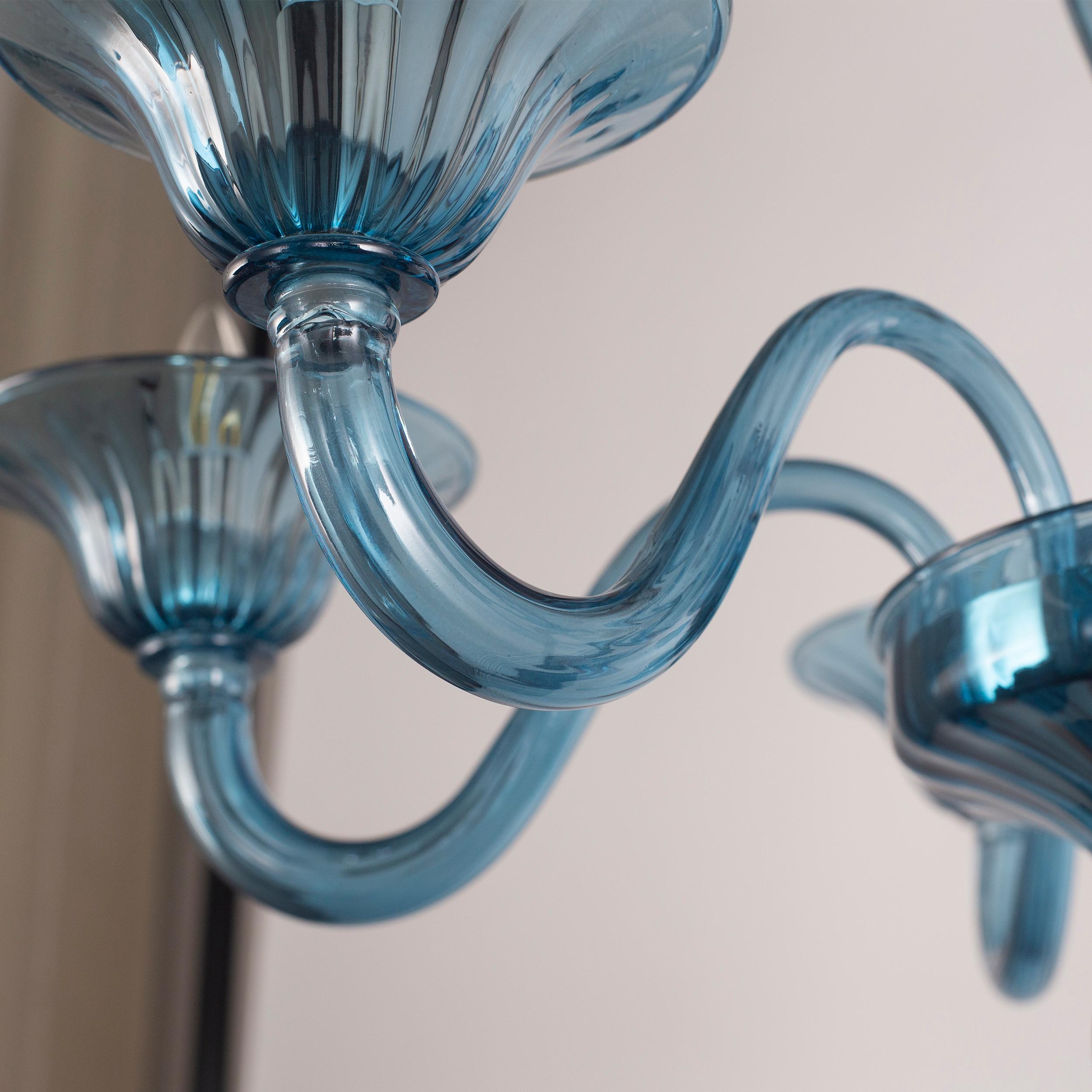 Blown Glass Simplicissimus Chandelier, 6 Arms Teal Blue Murano Glass by Multiforme in Stock For Sale
