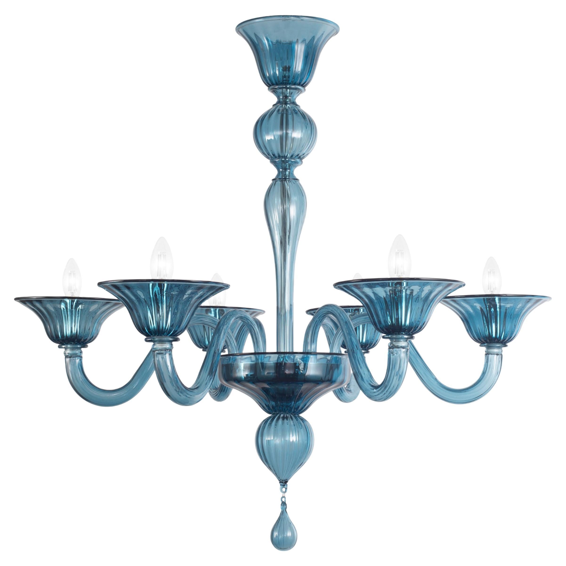 Simplicissimus Chandelier, 6 Arms Teal Blue Murano Glass by Multiforme in Stock