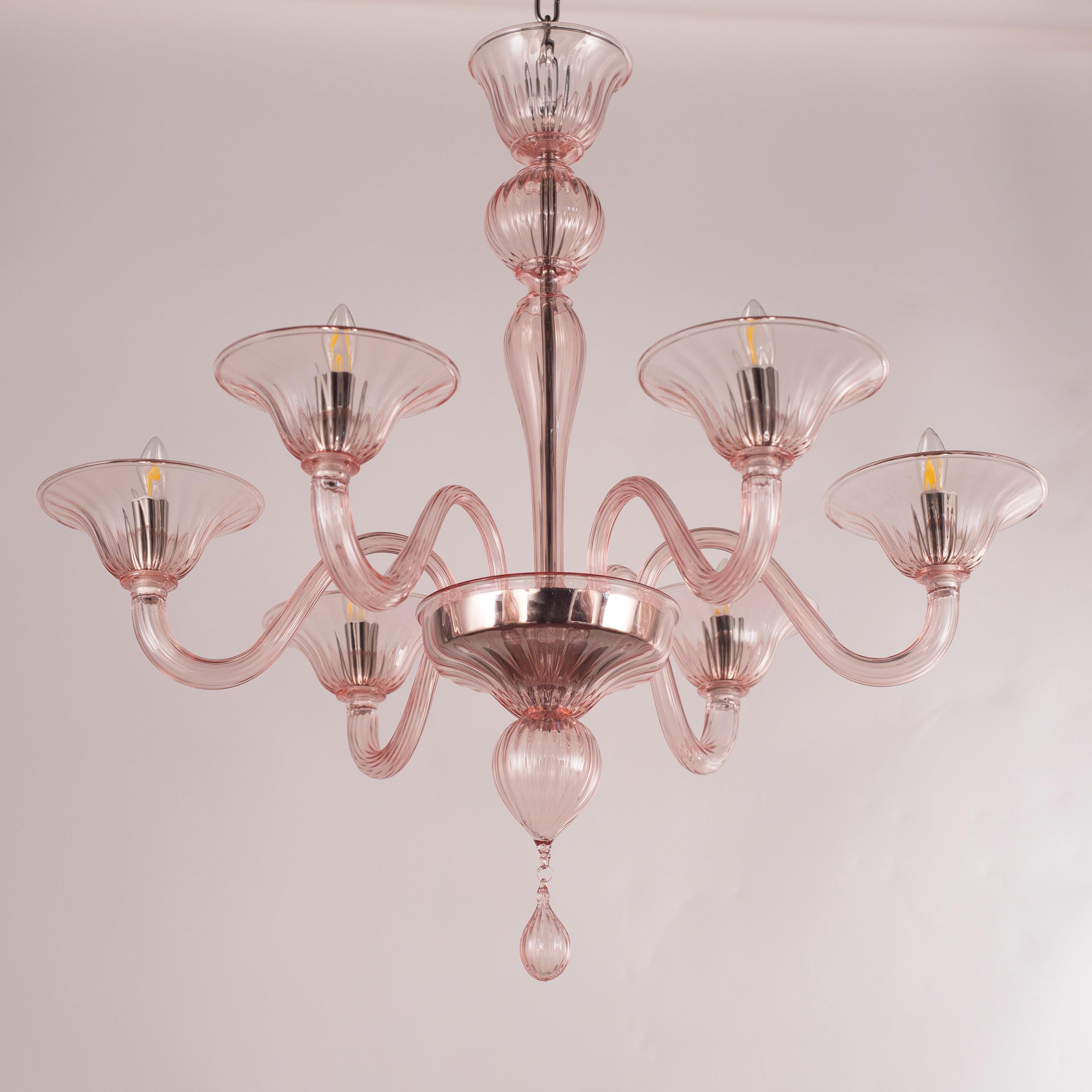 Italian Simplicissimus Murano Chandelier 6 arms Powder Pink Glass by Multiforme in Stock For Sale