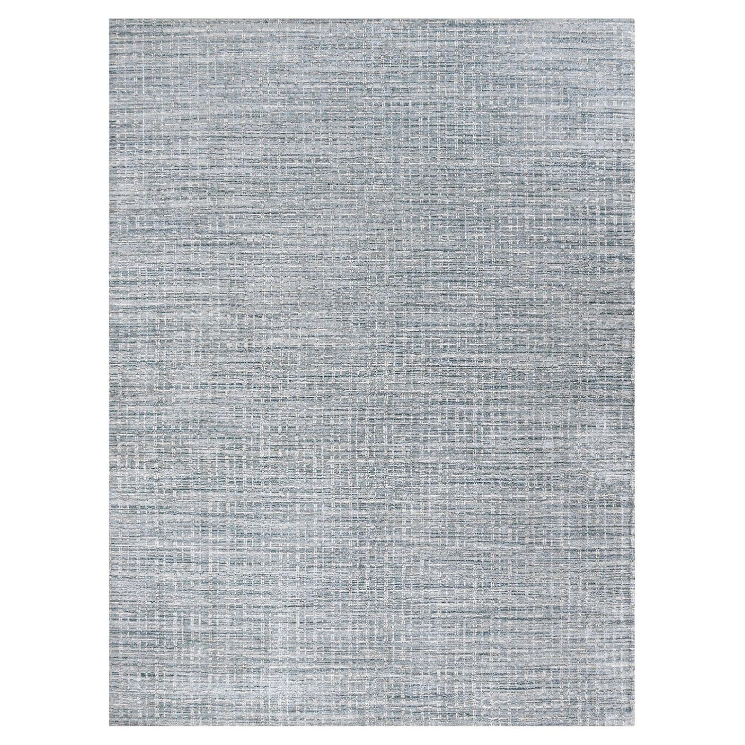 Simplicité et confort - Tapis contemporain tissé à la main bleu et beige  8' x 10' pouces