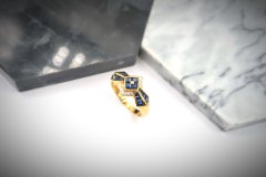 Simplified Polygon Floral Baguette Blue Sapphire Diamond 18K Yellow Gold Ring