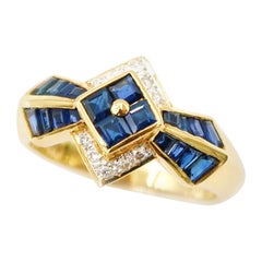 Simplified Polygon Floral Baguette Blue Sapphire Diamond 18K Yellow Gold Ring