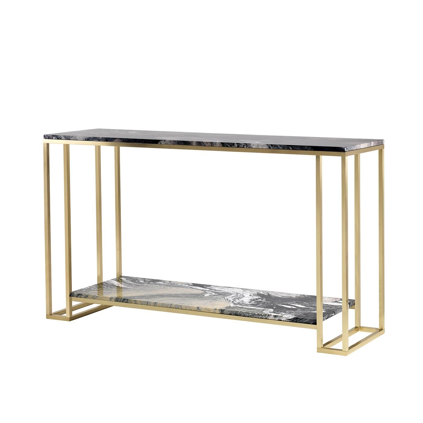 The Simply Console Table is a celebration of Rosso Luana Verde marble, with swirls of rose and purple accented by swatches of green on a gray background. On a geometric brass structure, the console is proudly contemporary but traditional in its