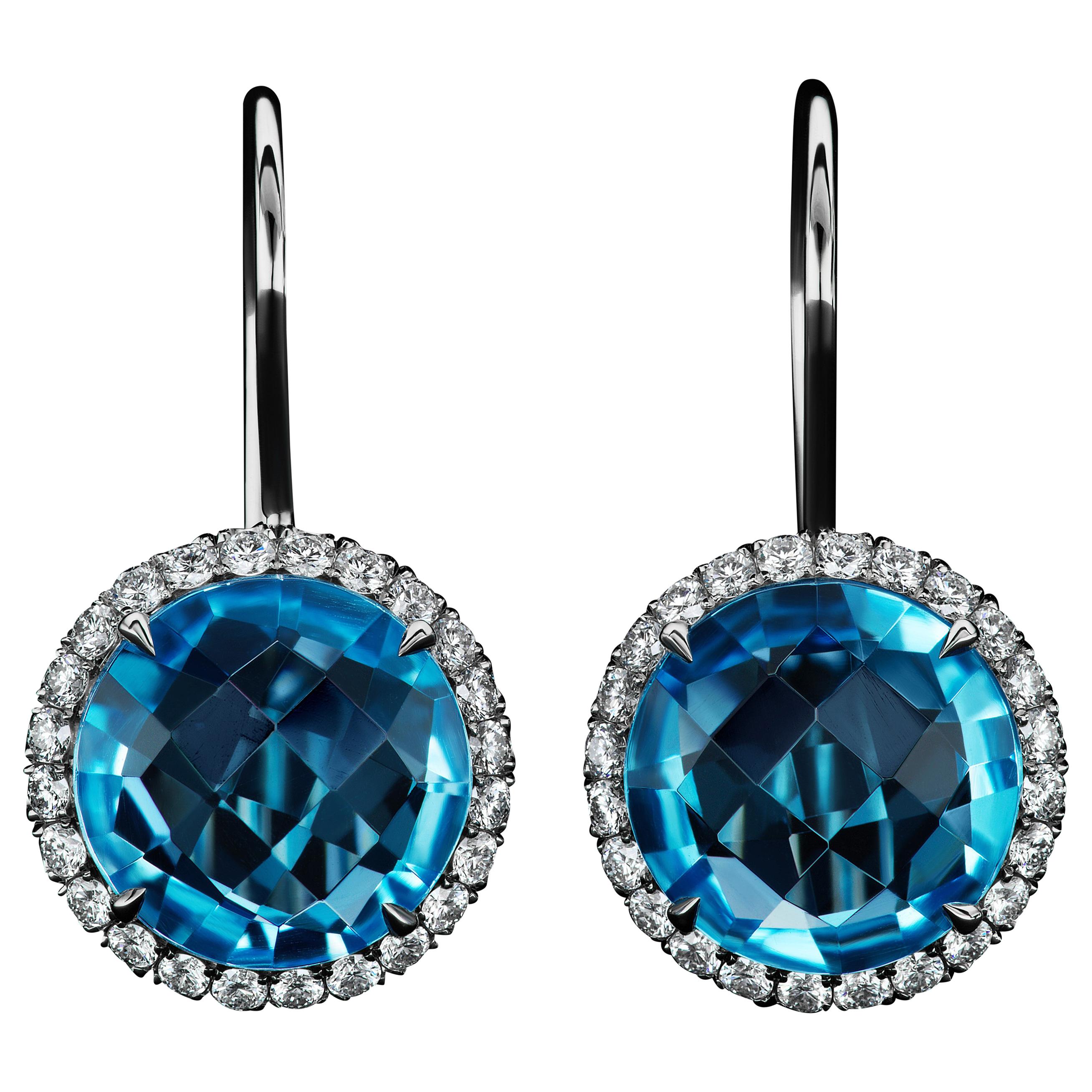 JAG New York Blue Topaz and Diamond Halo Platinum Earrings  For Sale