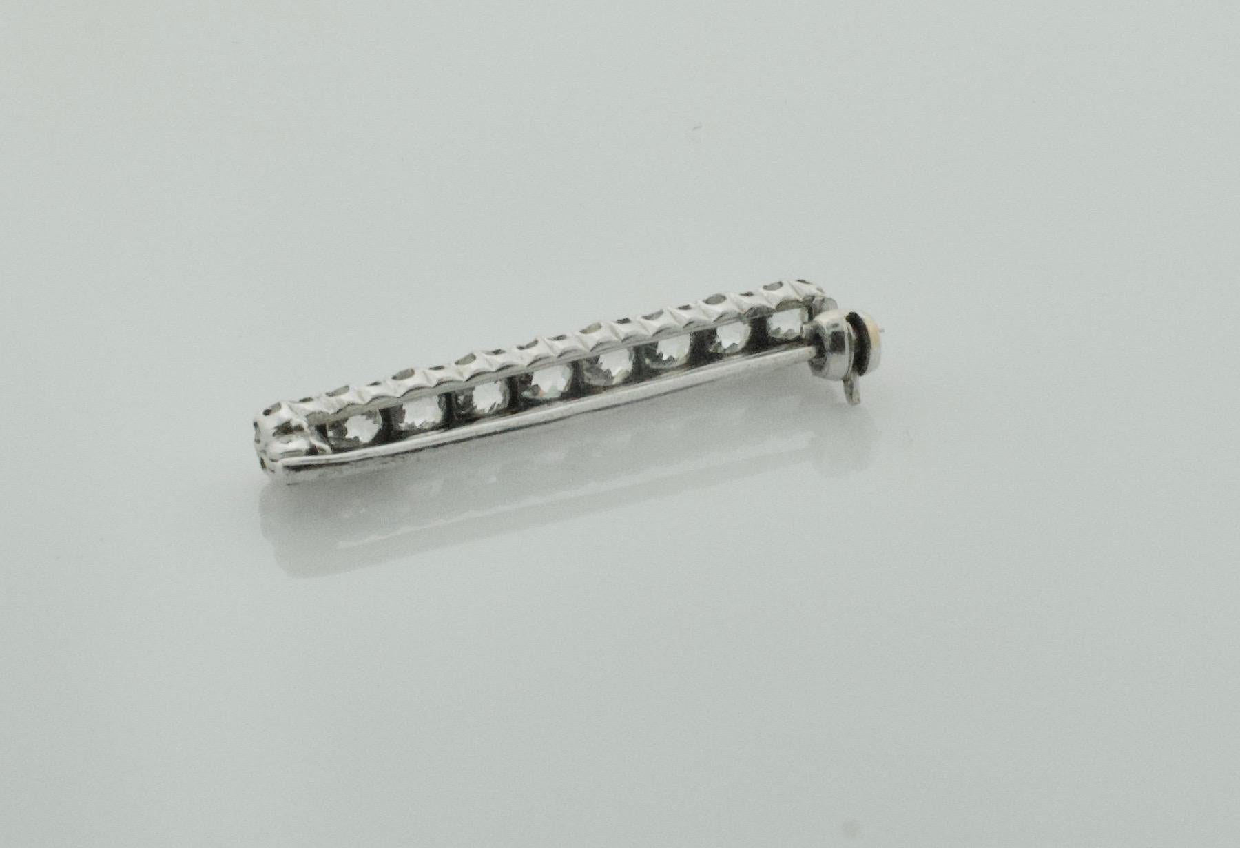 Old European Cut Simply Sweet Diamond Bar Brooch in Platinum and White Gold, Circa 1920's For Sale