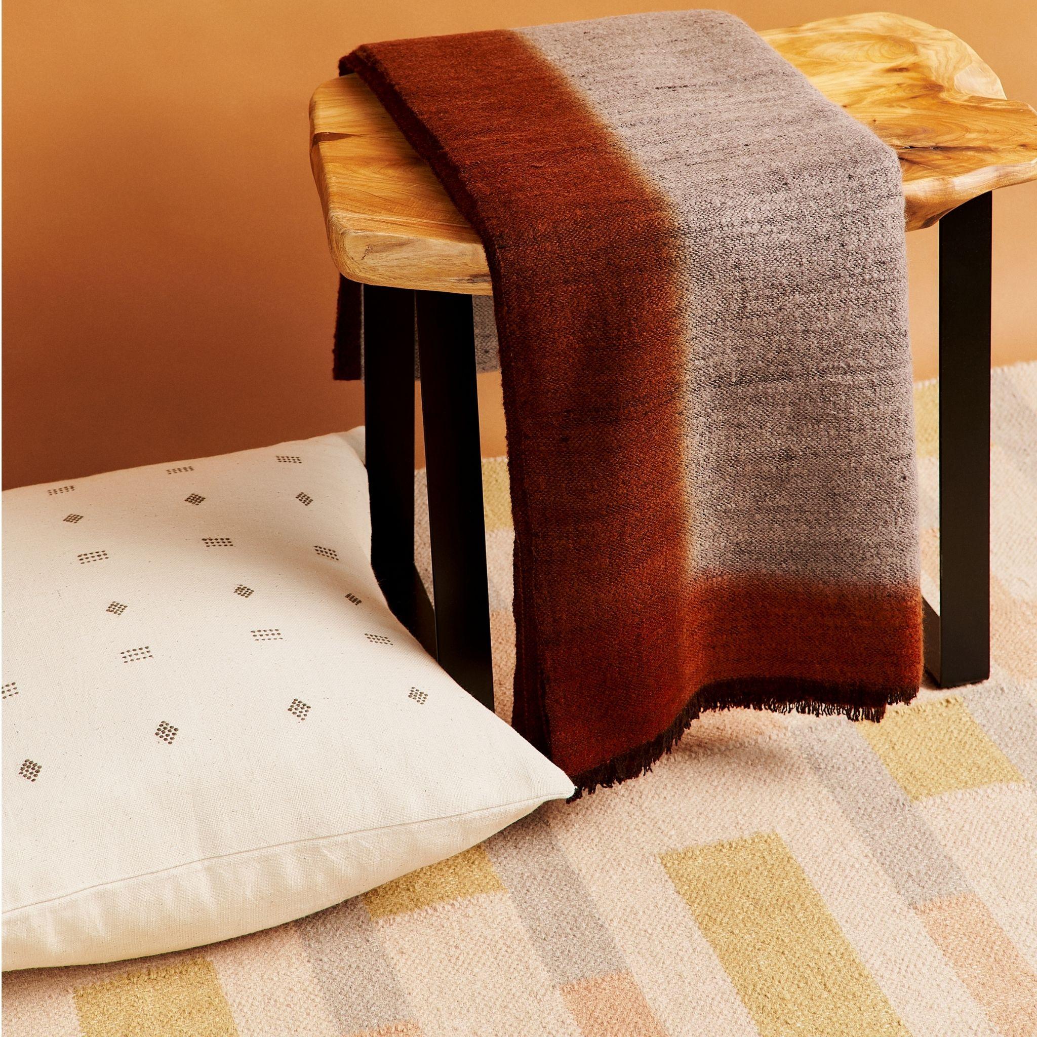 Nepalese Simply Taupe Merino Throw Handwoven in Brown Topaz Black Gray Warm Ombre Hues For Sale