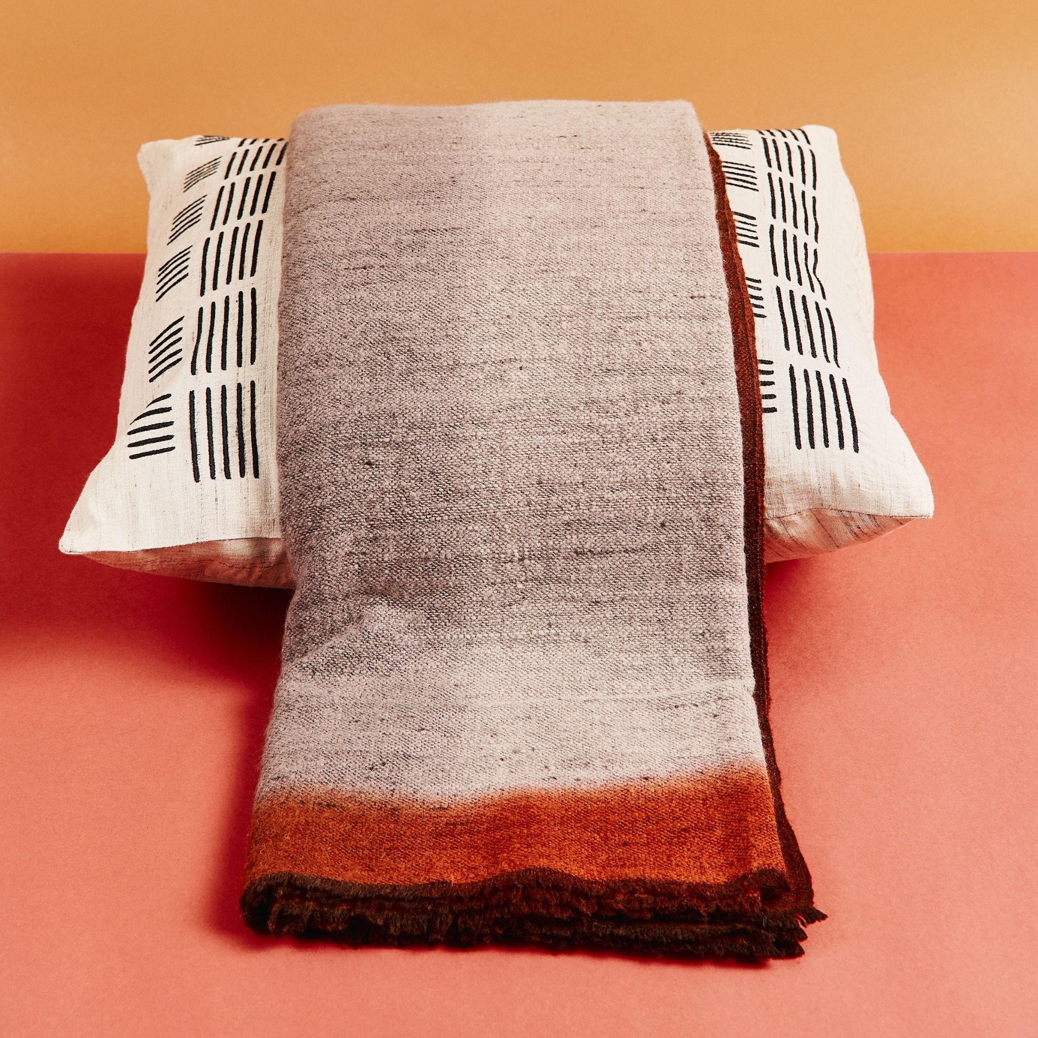 Hand-Woven Simply Taupe Merino Throw Handwoven in Brown Topaz Black Gray Warm Ombre Hues For Sale