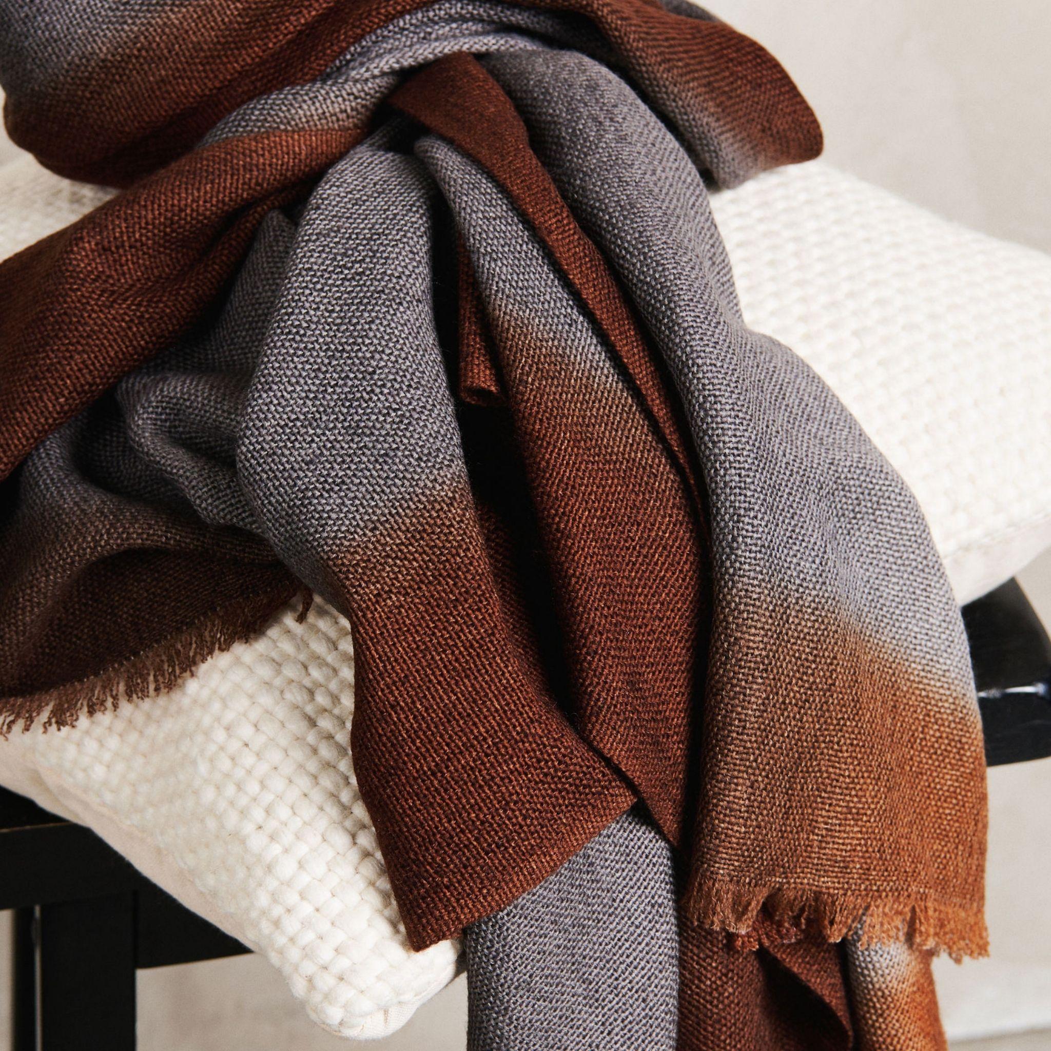 Simply Taupe Merino Throw Handwoven in Brown Topaz Black Gray Warm Ombre Hues For Sale 2