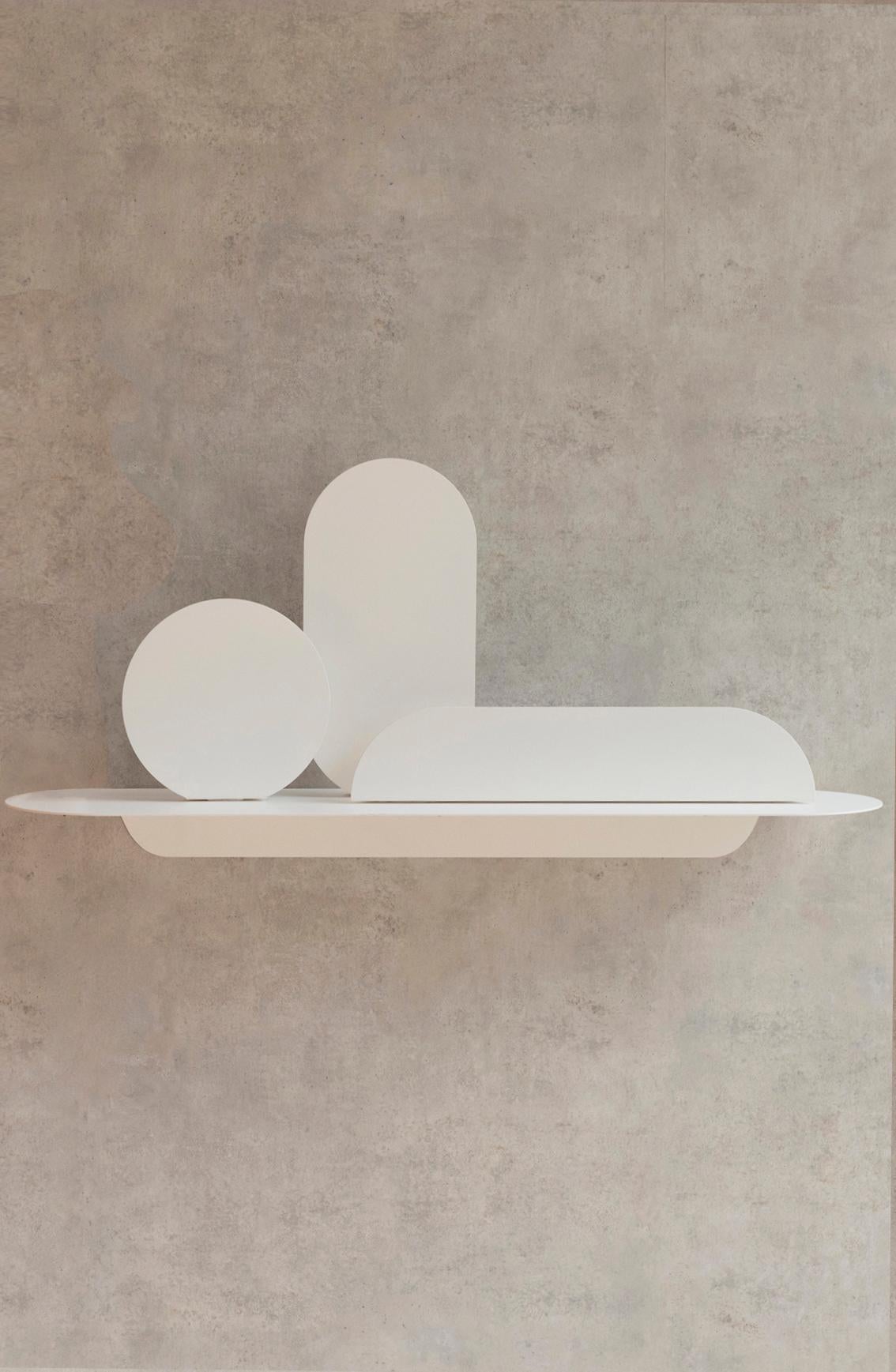 Simply White Shelf by Mademoiselle Jo
Dimensions: L 76 x W 24 cm.
Materials: Matte white steel.

Available in two versions and two colors. Please contact us.

Behind SIMPLY is actually a much more sophisticated object than its name suggests.
Made of