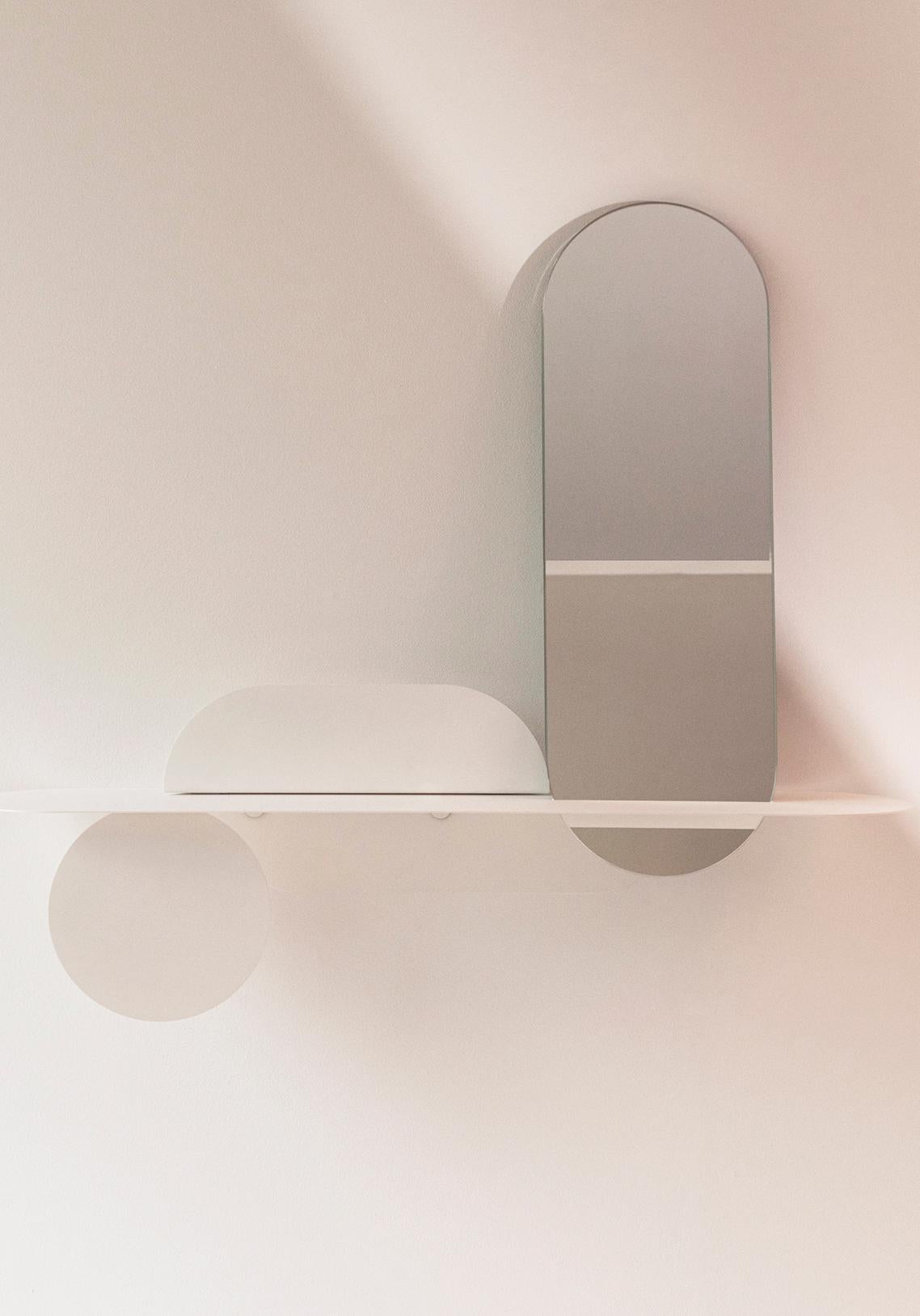 Simply White Shelf With Mirror by Mademoiselle Jo
Dimensions: L 87 x W 20 cm.
Materials: Matte white steel and mirror.

Available in two versions and two colors. Please contact us.

Behind SIMPLY is actually a much more sophisticated object than its