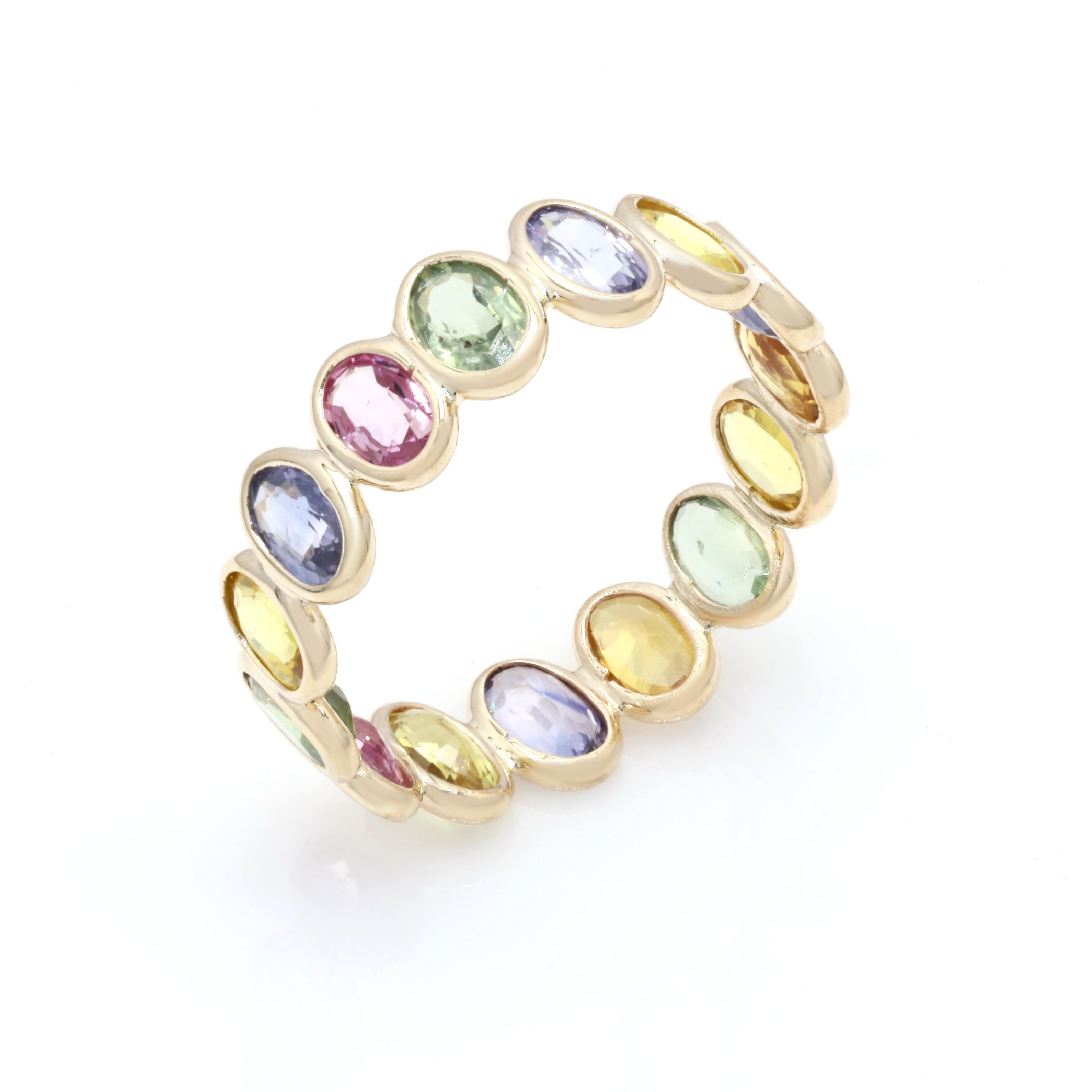 For Sale:  14k Yellow Gold Full Eternity Ring with 4.35 Ct Multi Sapphires 6