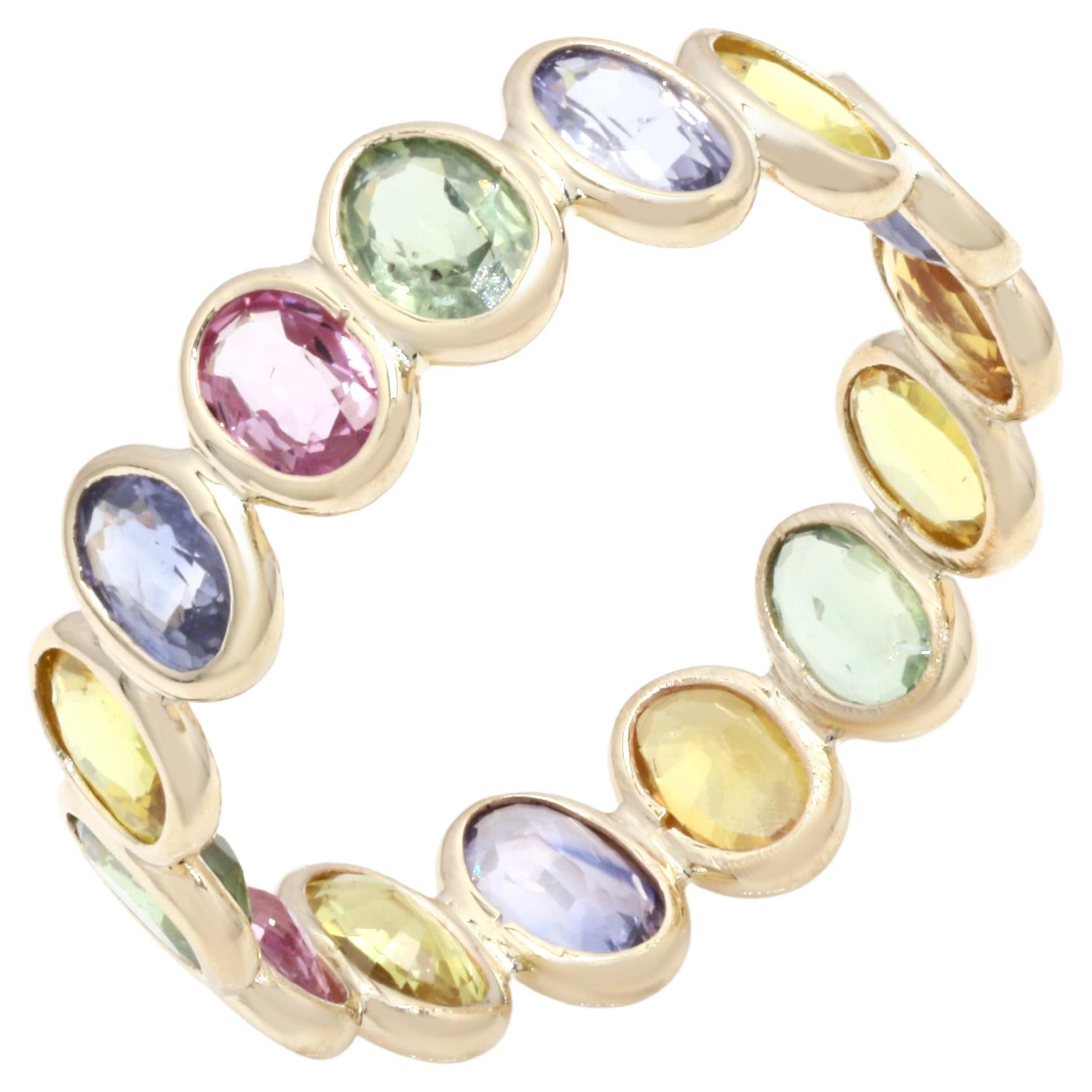For Sale:  14k Yellow Gold Full Eternity Ring with 4.35 Ct Multi Sapphires