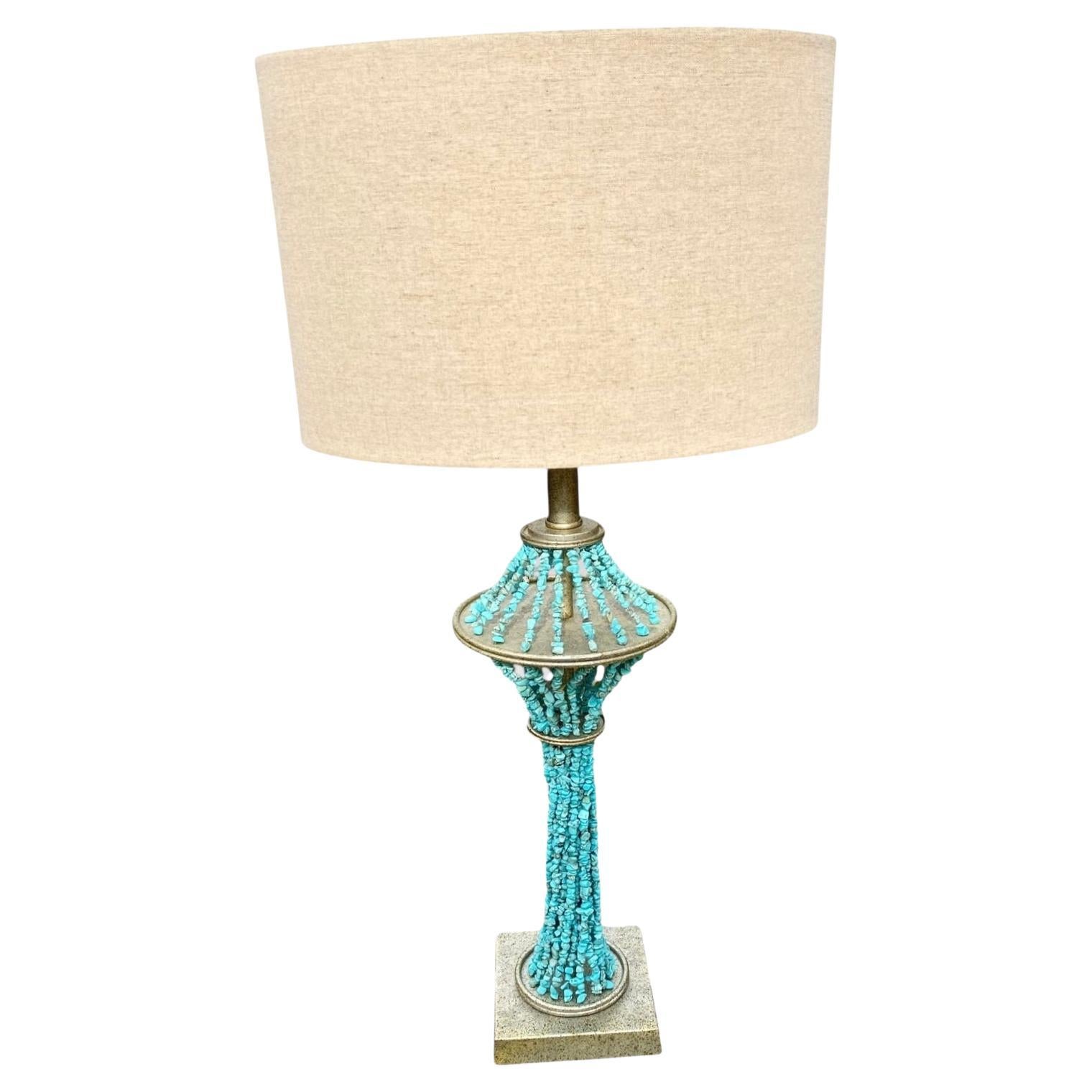 Hand Strung Simulated Turquoise Strands Table Lamp With Linen Shade