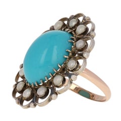 Simulated Turquoise & Simulated Pearl Vintage Ring, Silver & 10k Gold Halo