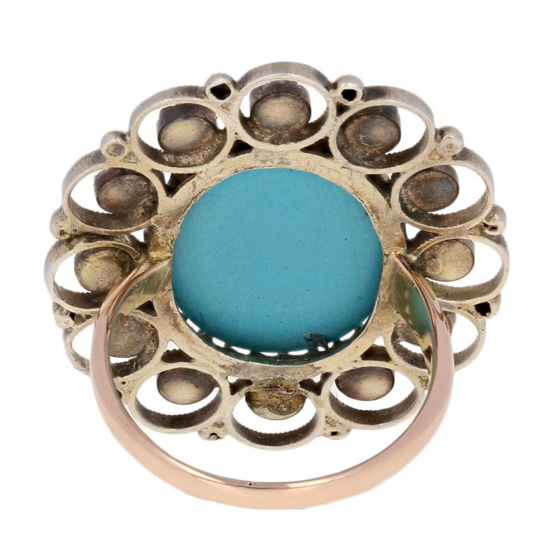 For Sale:  Simulated Turquoise & Simulated Pearl Vintage Ring, Silver & 10k Gold Halo 3