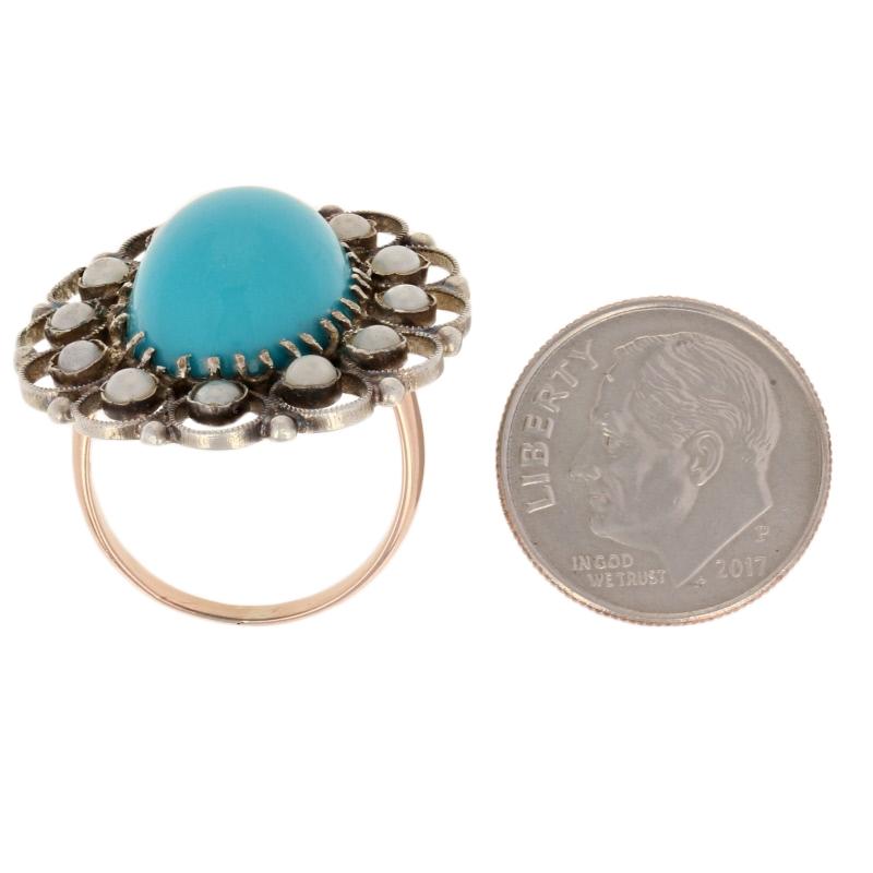 For Sale:  Simulated Turquoise & Simulated Pearl Vintage Ring, Silver & 10k Gold Halo 4