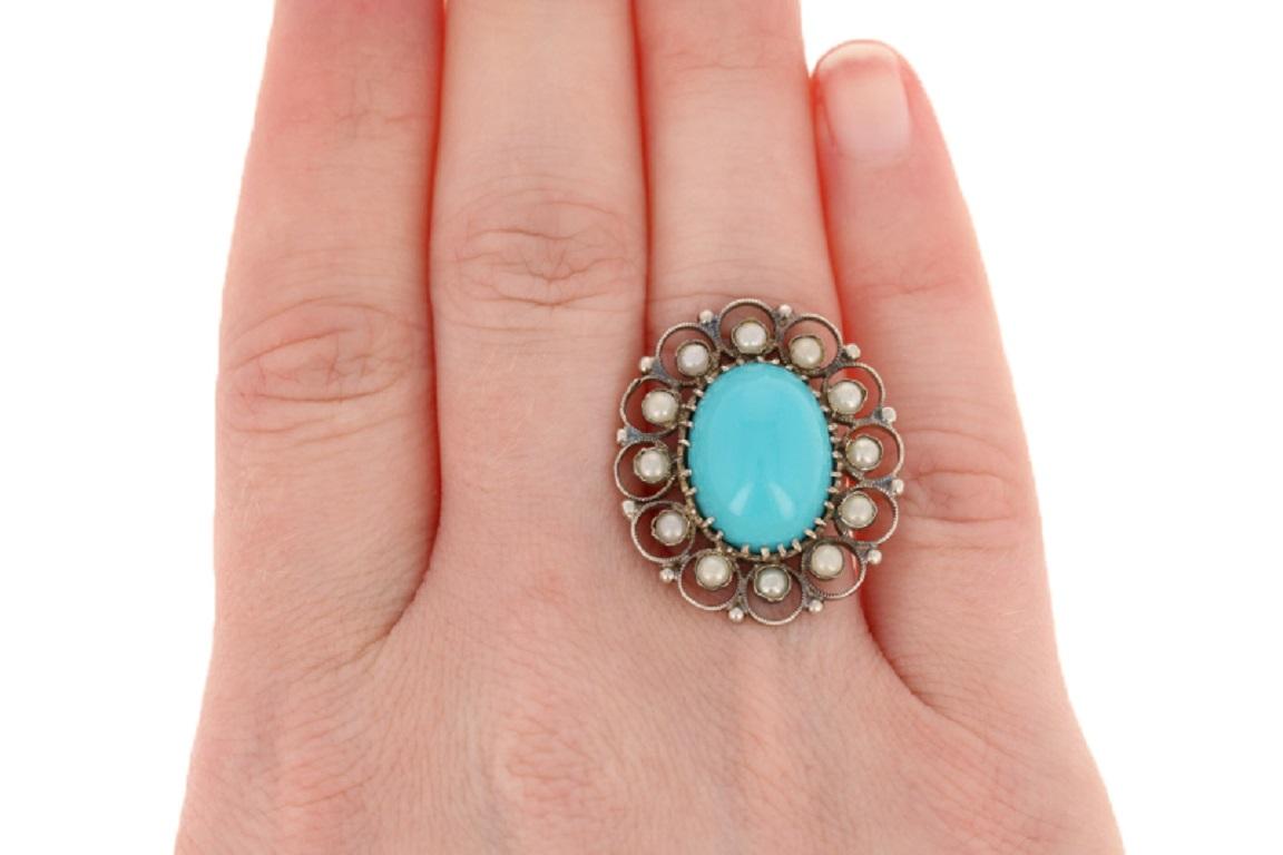 For Sale:  Simulated Turquoise & Simulated Pearl Vintage Ring, Silver & 10k Gold Halo 5
