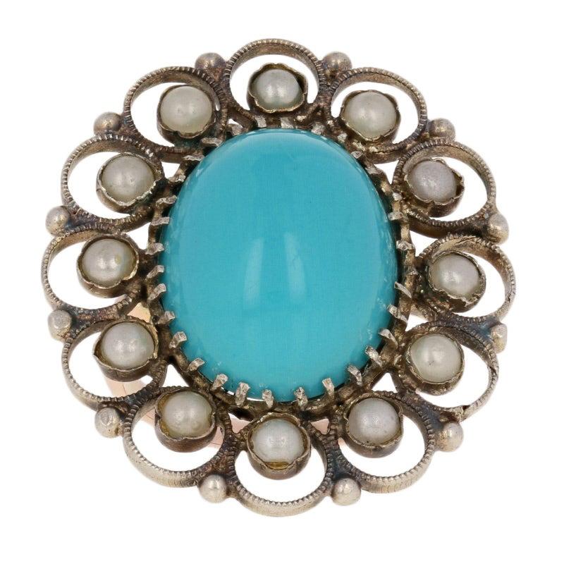 For Sale:  Simulated Turquoise & Simulated Pearl Vintage Ring, Silver & 10k Gold Halo