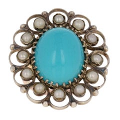 Simulated Turquoise & Simulated Pearl Vintage Ring, Silver & 10k Gold Halo