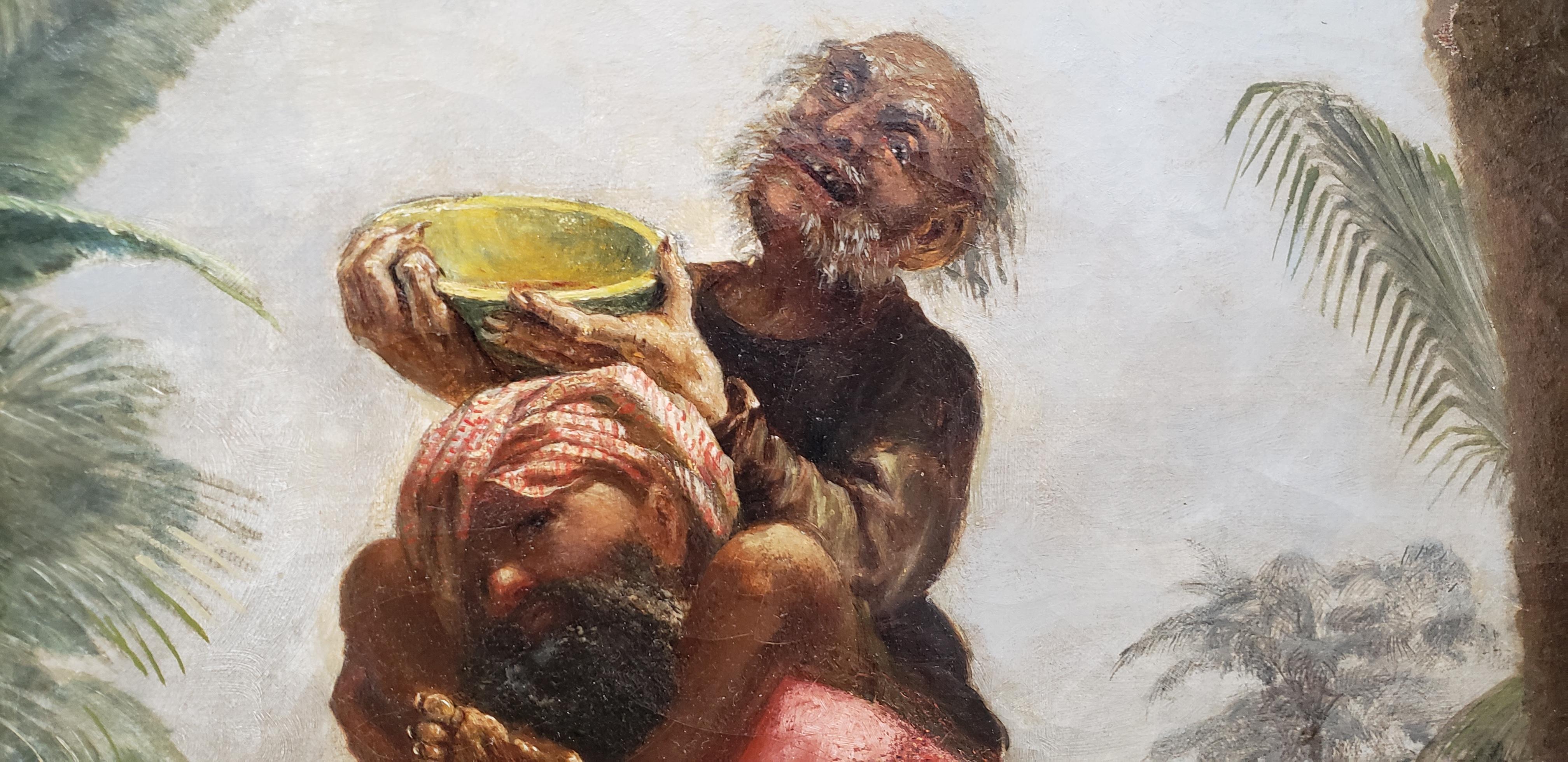 Sinbad avec le vieil homme de la mer sur son dos illustration originale peinture à l'huile, 19e siècle.

Une belle illustration à l'huile tirée des Contes des Mille et une nuits. En 1701, les 