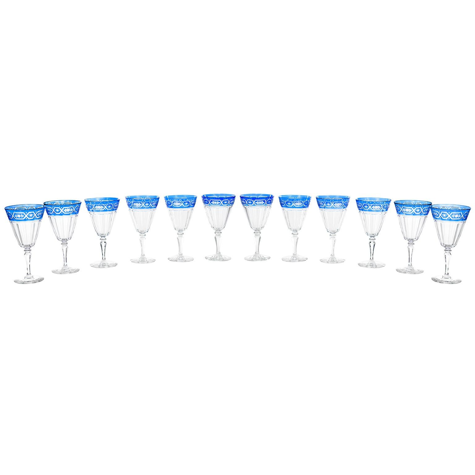 American Sinclaire 12 Blue Cut to Clear Crystal Water Goblets For Sale