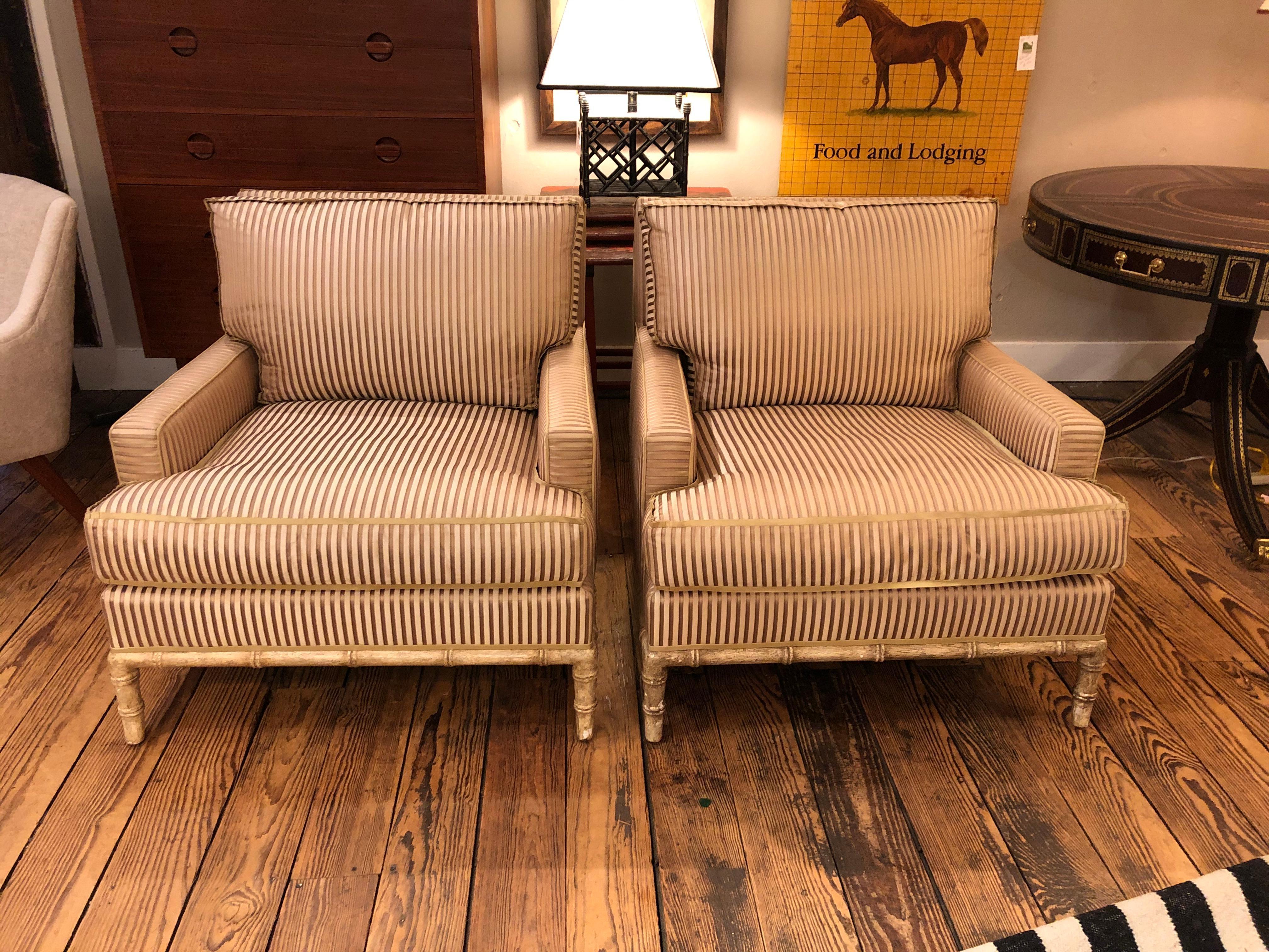 Super luxurious Nancy Corzine club chairs having hand carved blonde bamboo bases and velvet silk striped cream and butterscotch upholstery with baby silk welts. Down seat and back cushions. Throw pillows included.
These retailed for $8k each!
    