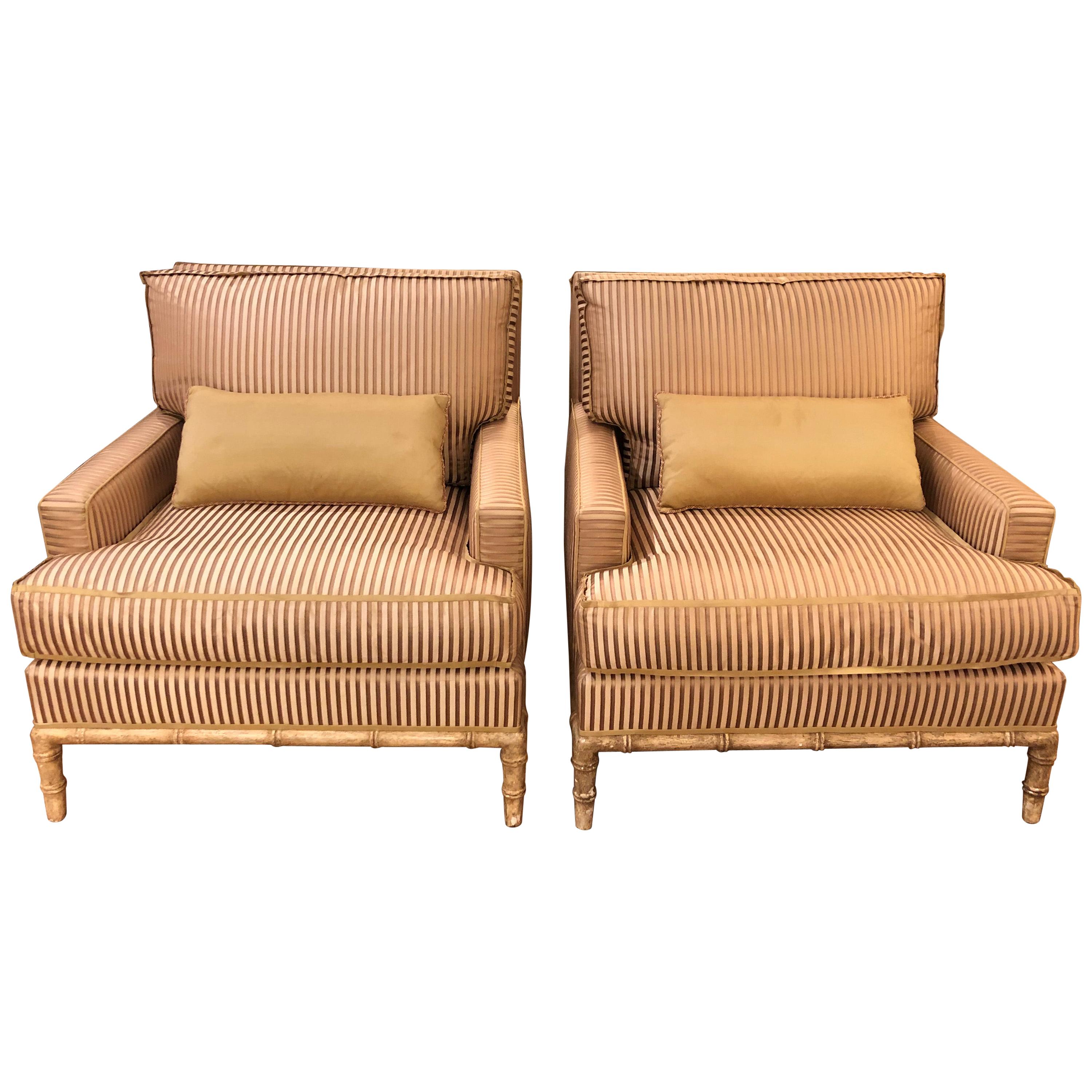 Sinfully Luxurious Pair of Bamboo and Silk Velvet Upholstered Club Chairs