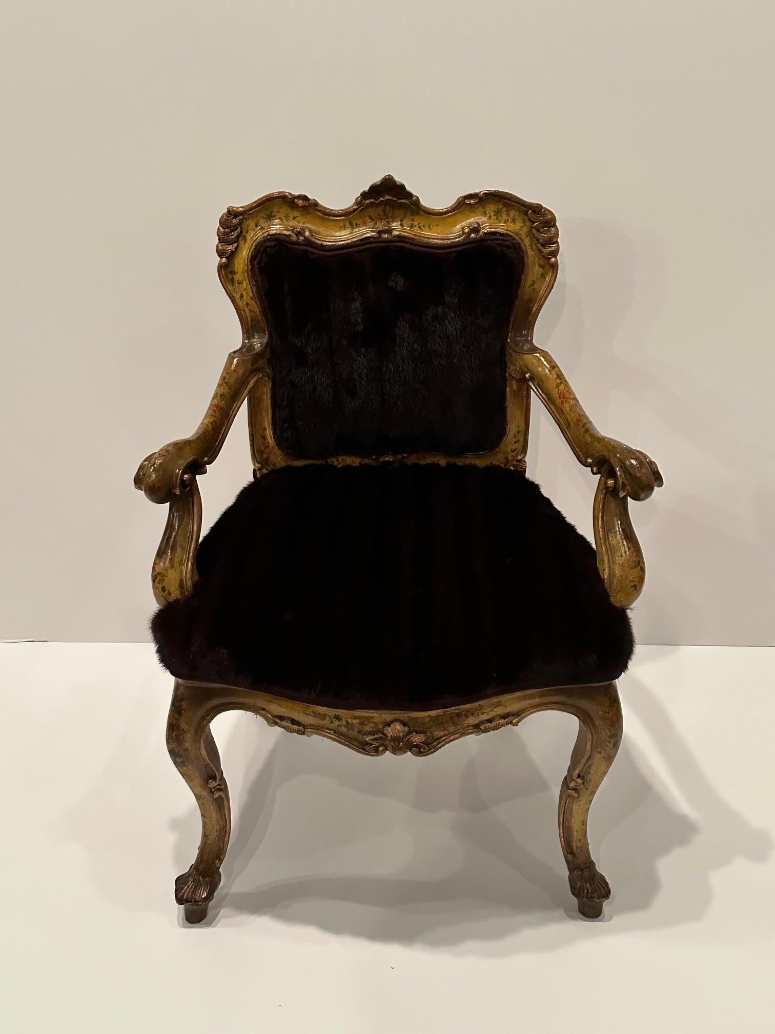 Sinfully Rich Ornate Italian Painted Venetian Armchair Upholstered in Mink Fur For Sale 8