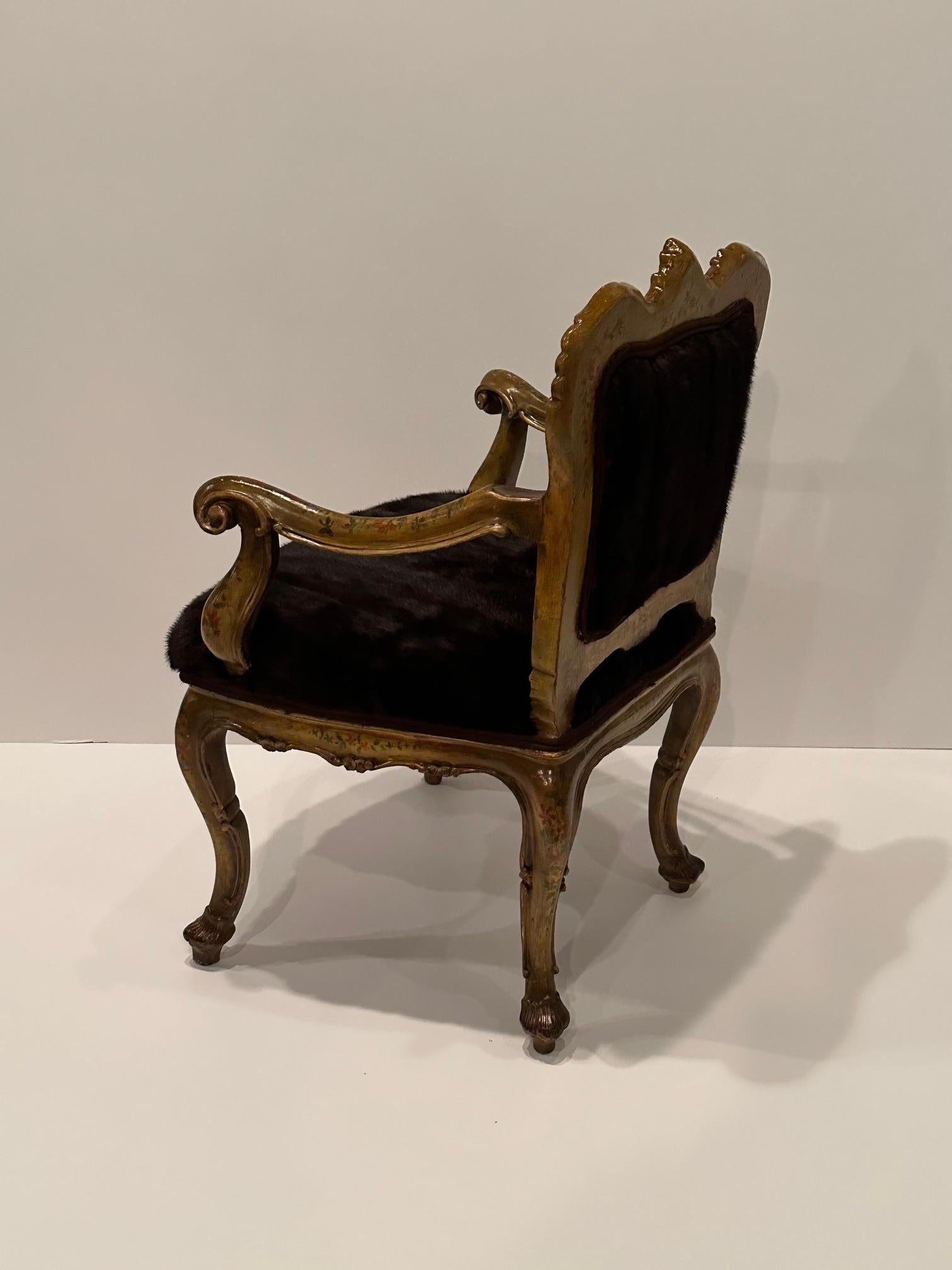 Sinfully Rich Ornate Italian Painted Venetian Armchair Upholstered in Mink Fur In Good Condition For Sale In Hopewell, NJ