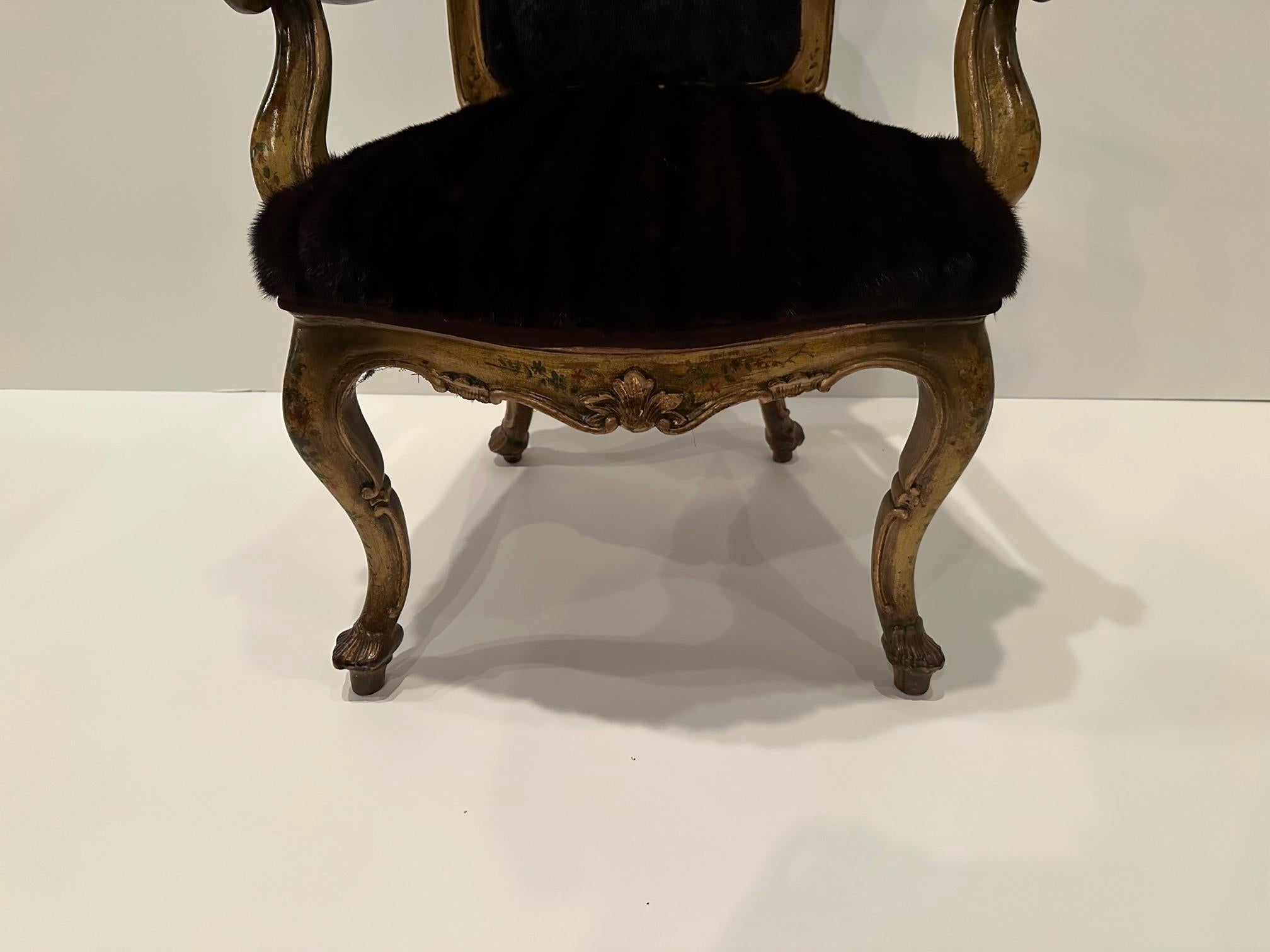 Sinfully Rich Ornate Italian Painted Venetian Armchair Upholstered in Mink Fur For Sale 1