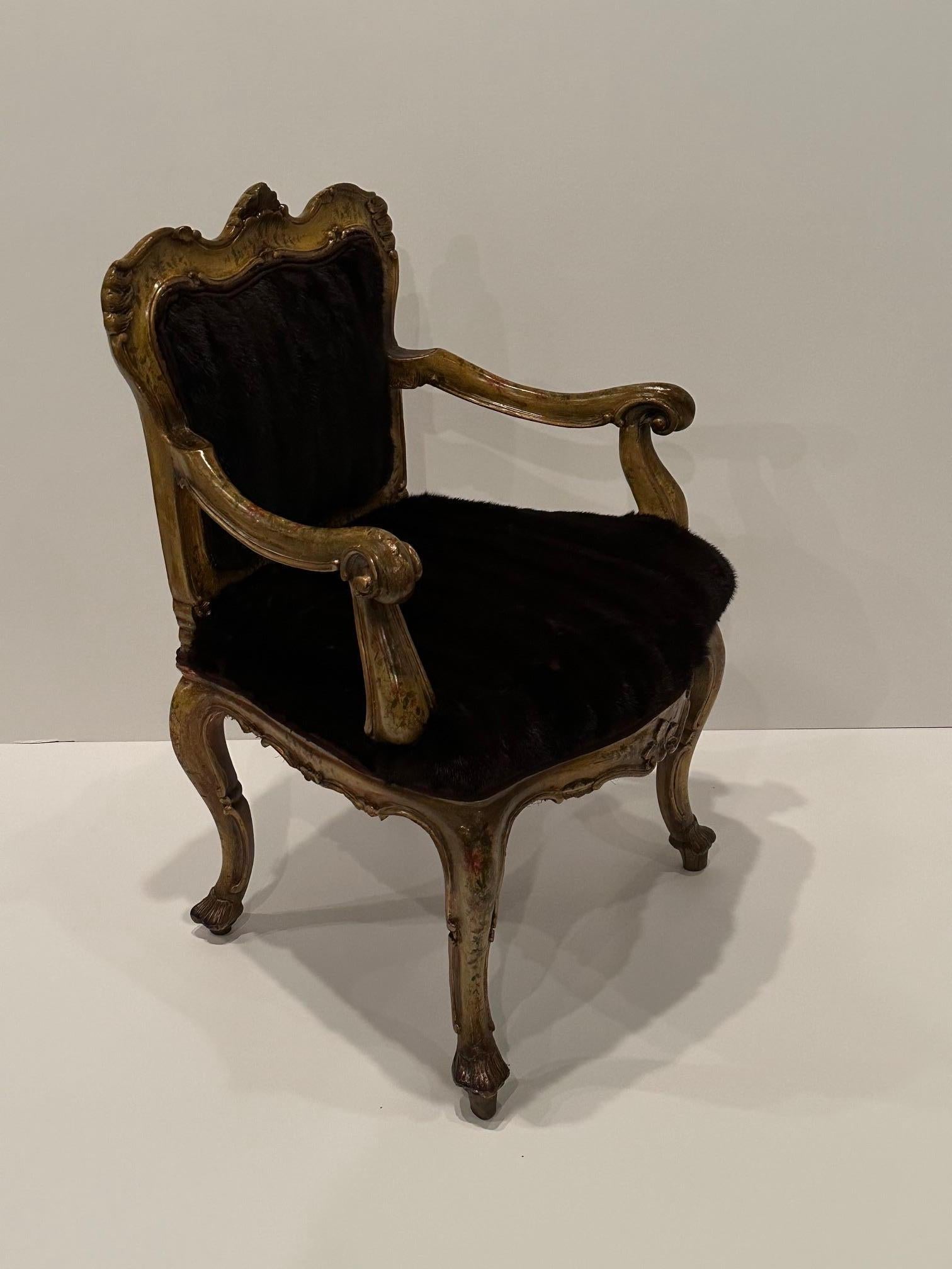 Sinfully Rich Ornate Italian Painted Venetian Armchair Upholstered in Mink Fur For Sale 3