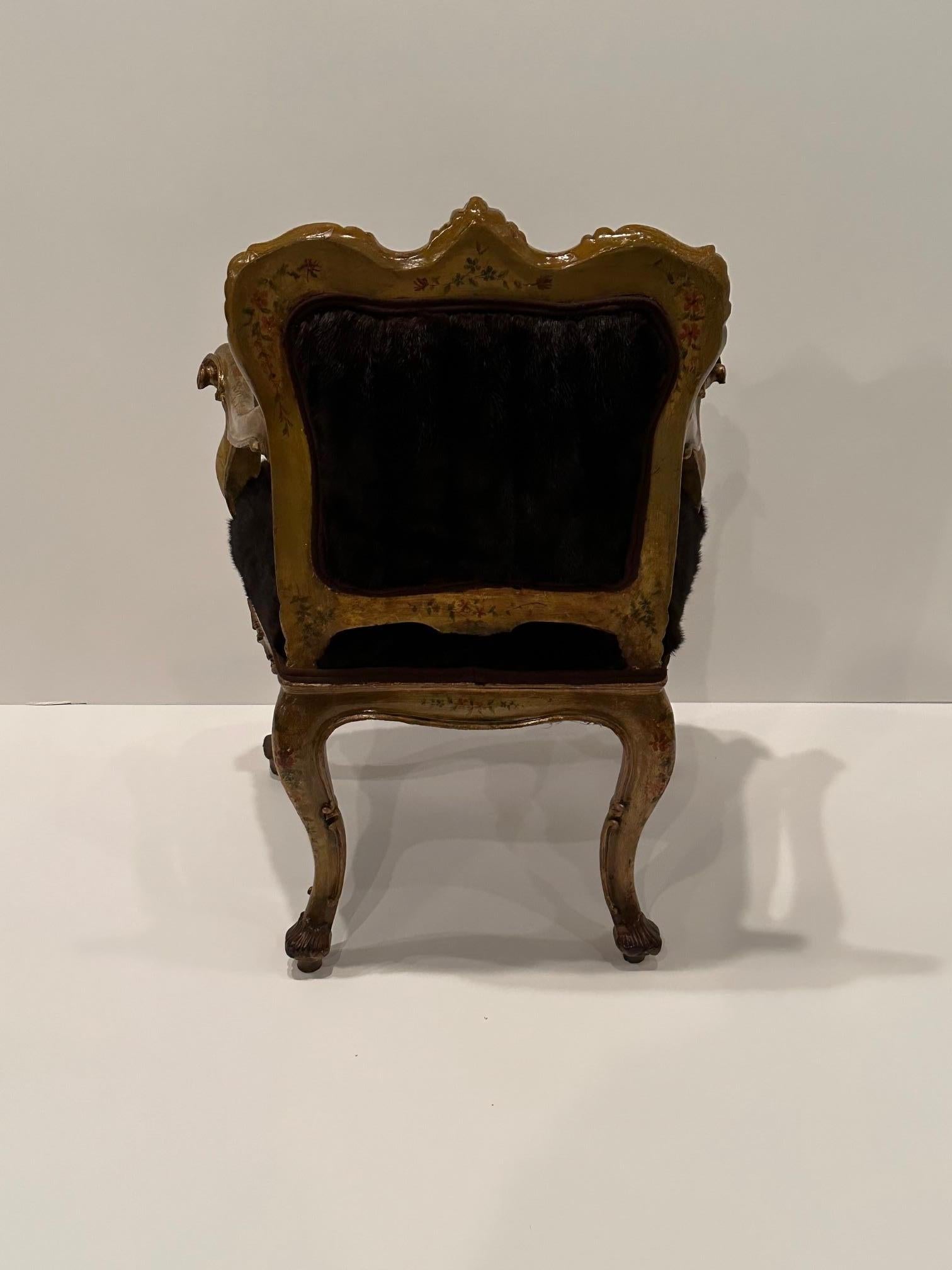 Sinfully Rich Ornate Italian Painted Venetian Armchair Upholstered in Mink Fur For Sale 4