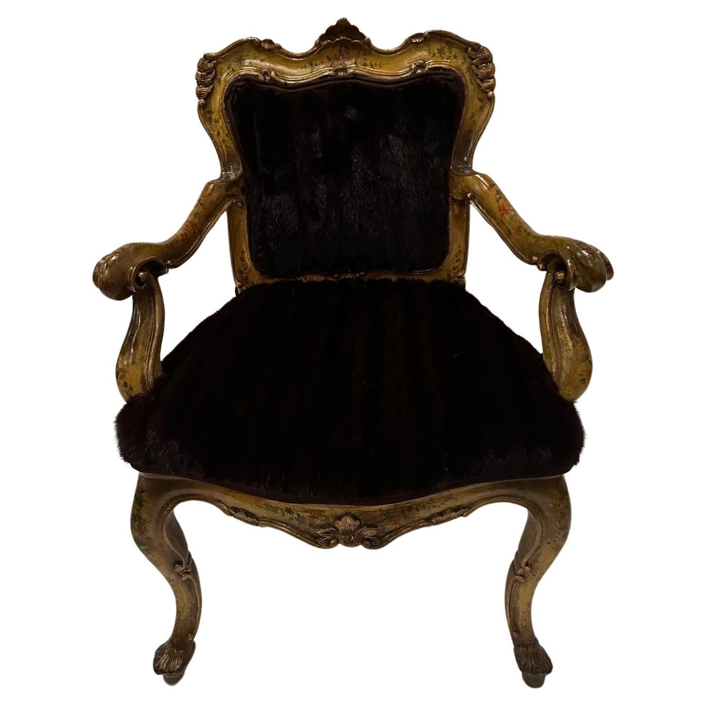 Sinfully Rich Ornate Italian Painted Venetian Armchair Upholstered in Mink Fur For Sale