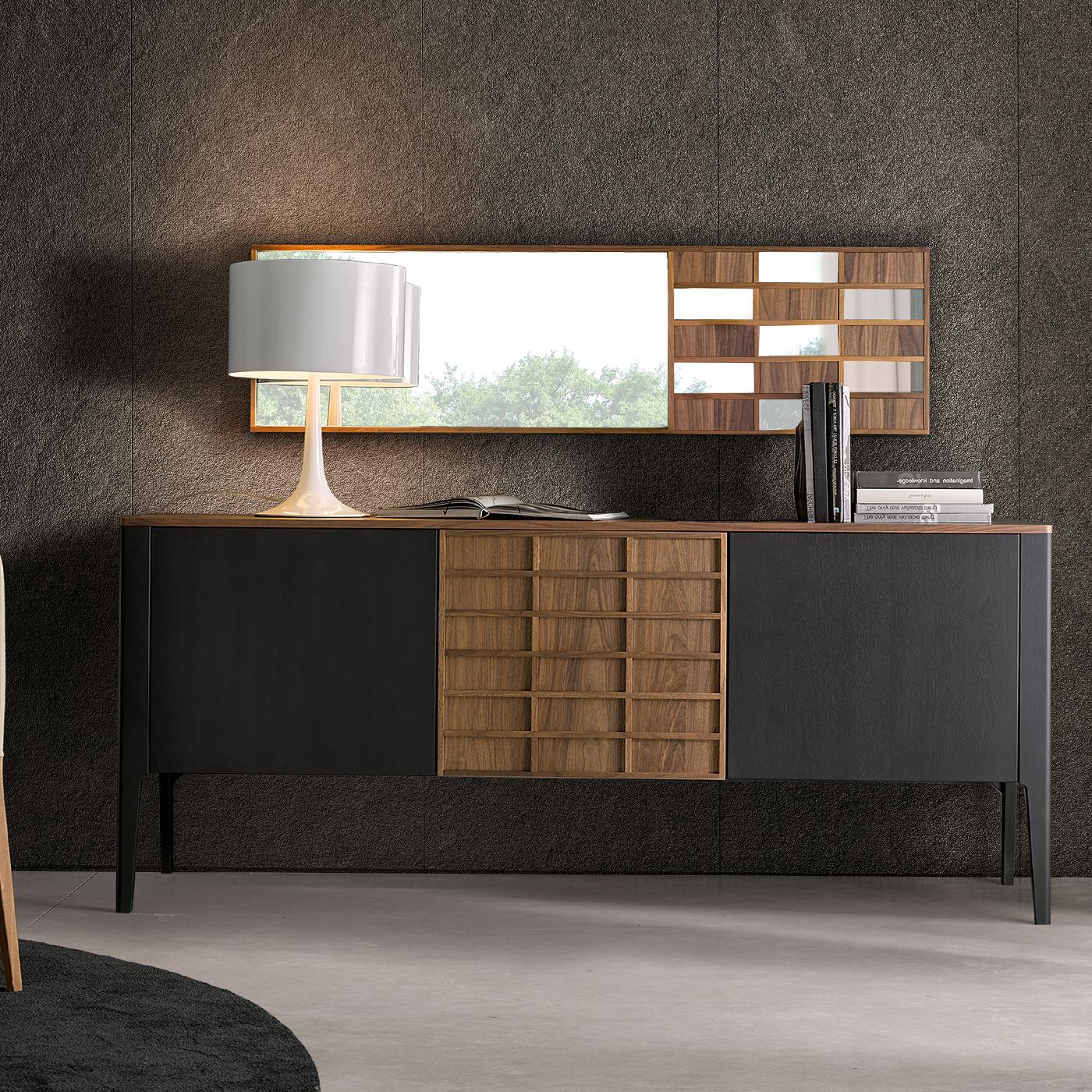 This sideboard features 3 wooden doors in an anthracite finish with 3 glass shelves. The opening has integrated wooden handles and push-pull mechanism in Havana finish.