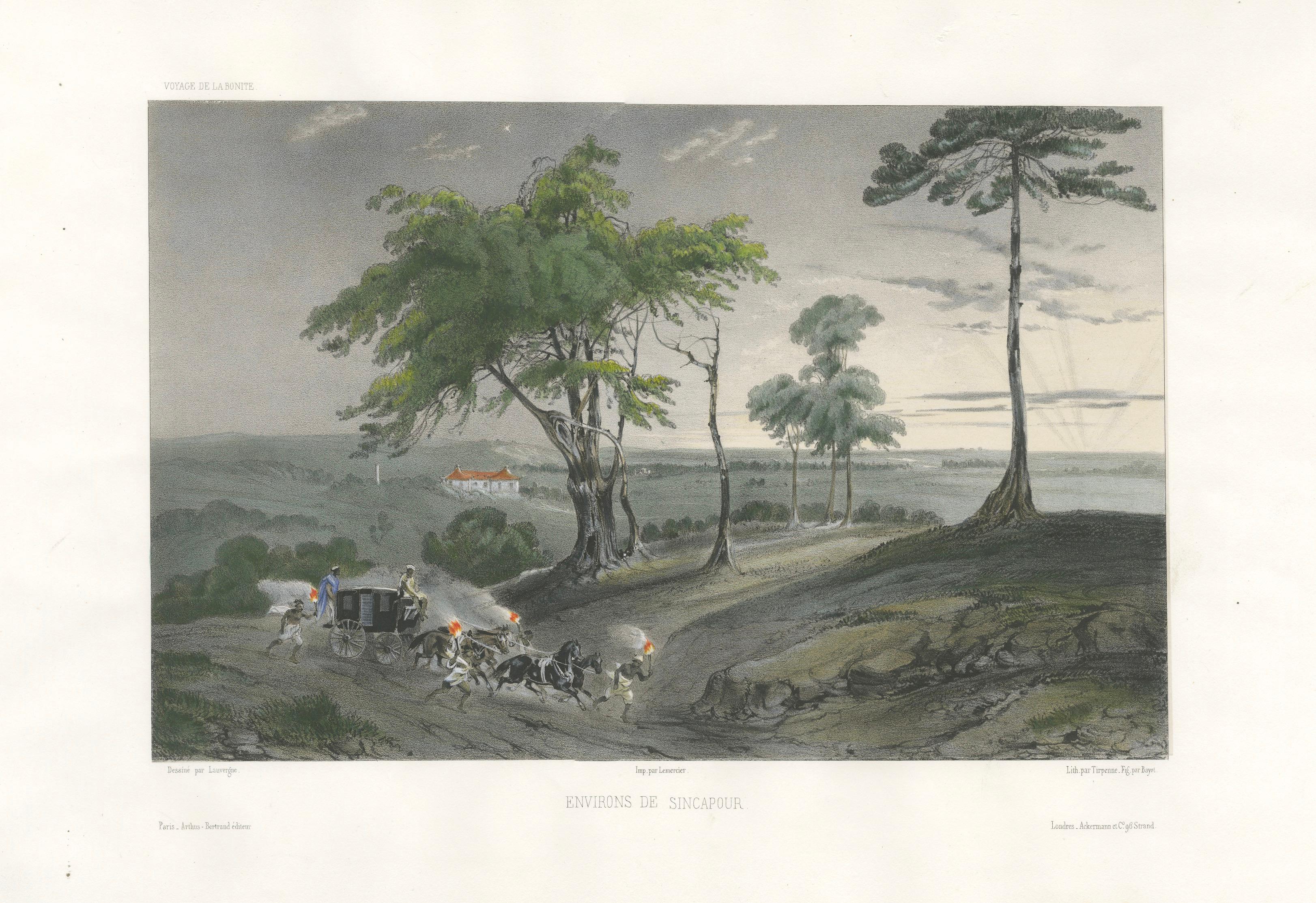 Singapore Colonial Landscape Scene, French Exploration Lithograph, 1845