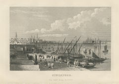 Singapore Harbor with Junks and Sailing Ships, Antique Steel Engraving, 1859