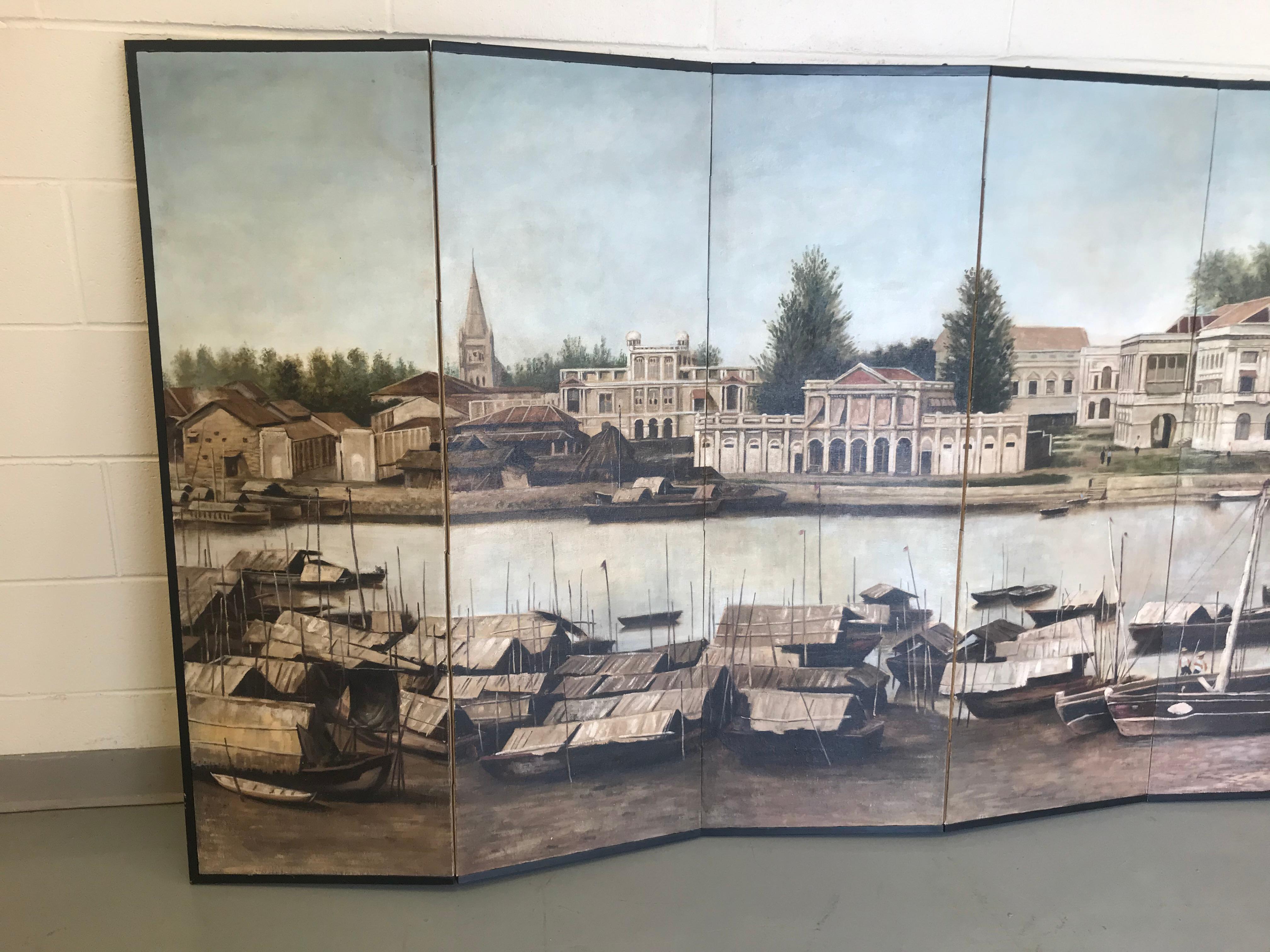 Singapore River Six-Panel Painting Screen by Chen Yong Jun For Sale 6
