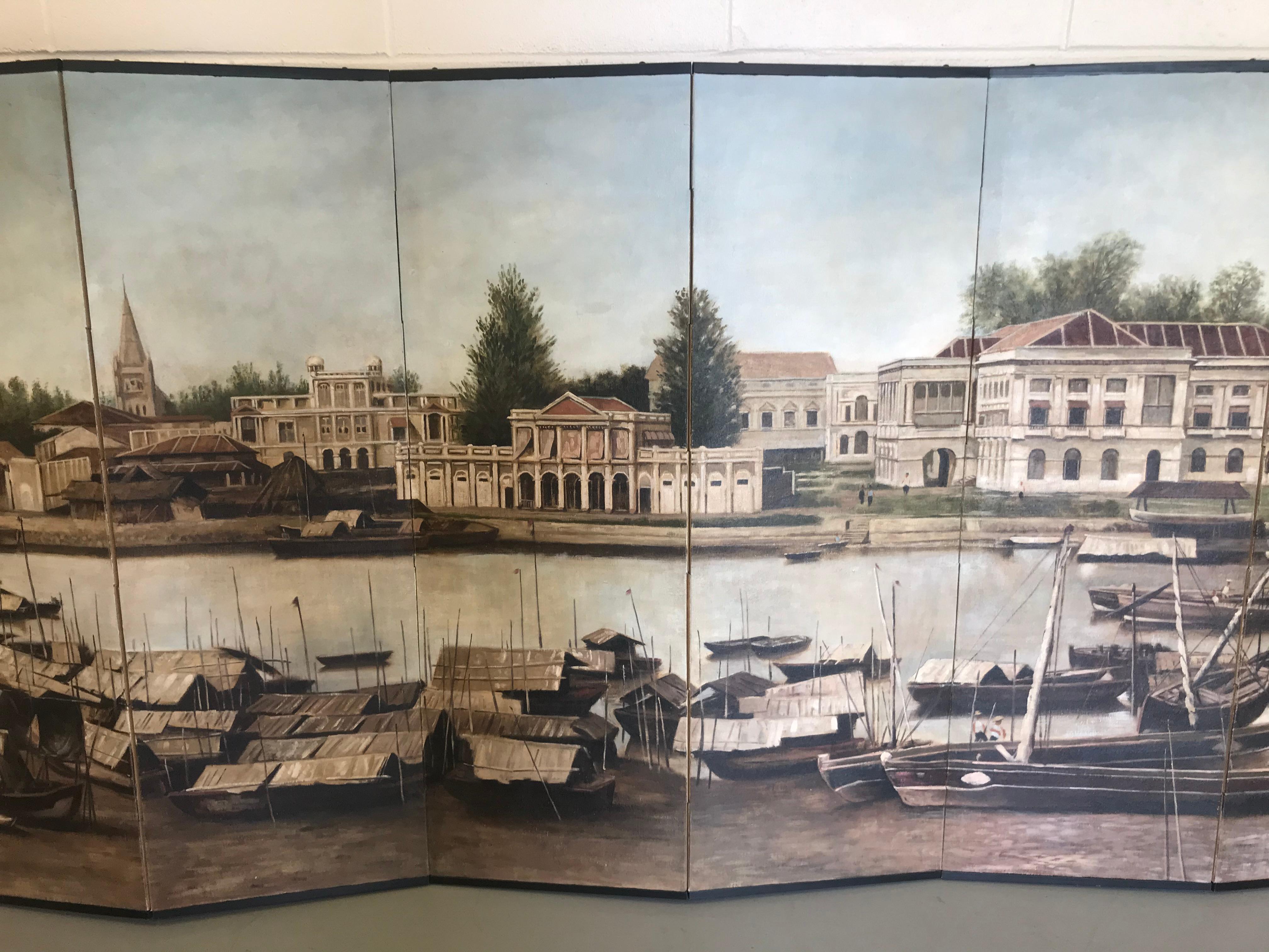 Singapore River Six-Panel Painting Screen by Chen Yong Jun For Sale 7