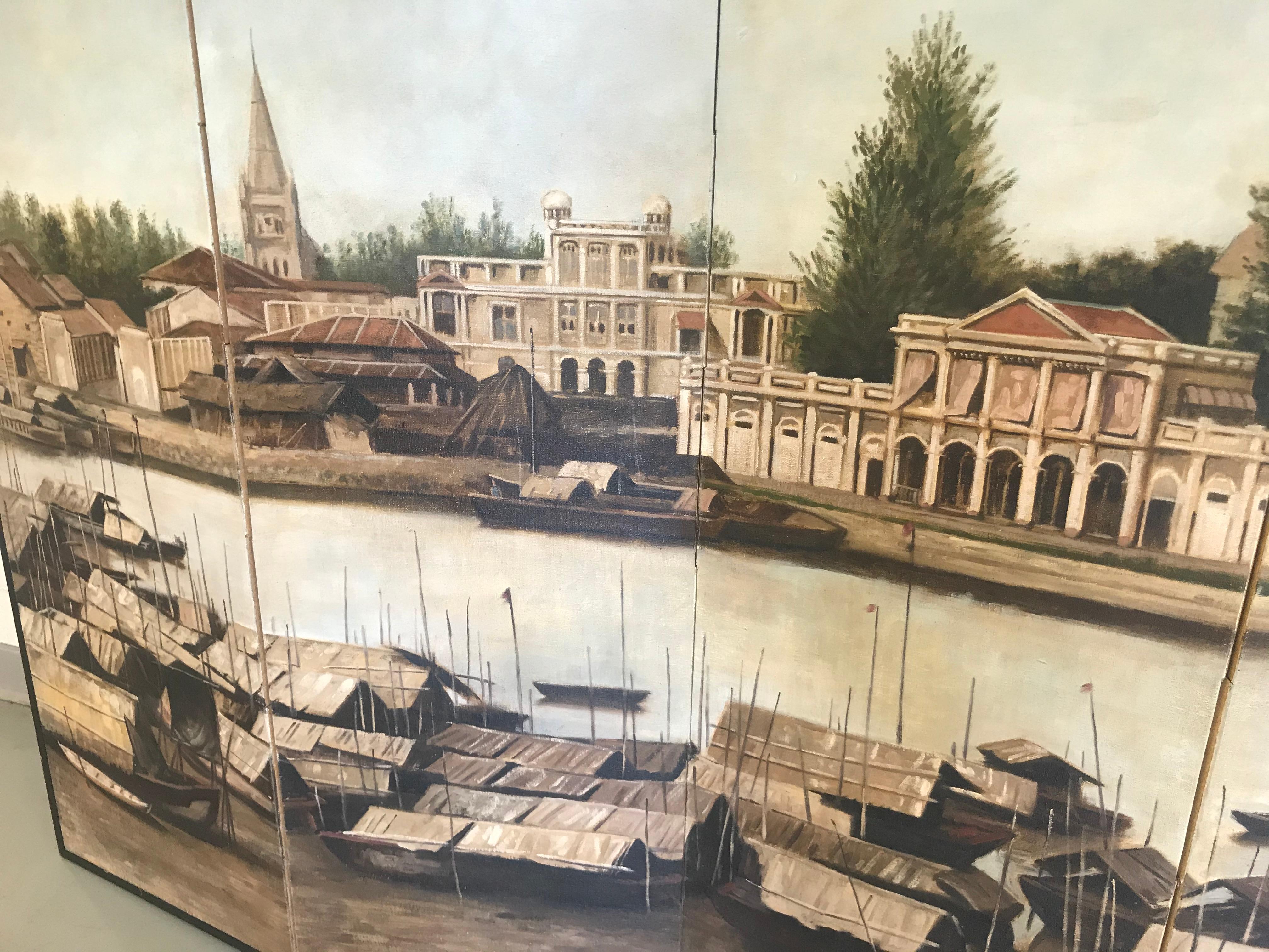 Singapore River Six-Panel Painting Screen by Chen Yong Jun For Sale 10