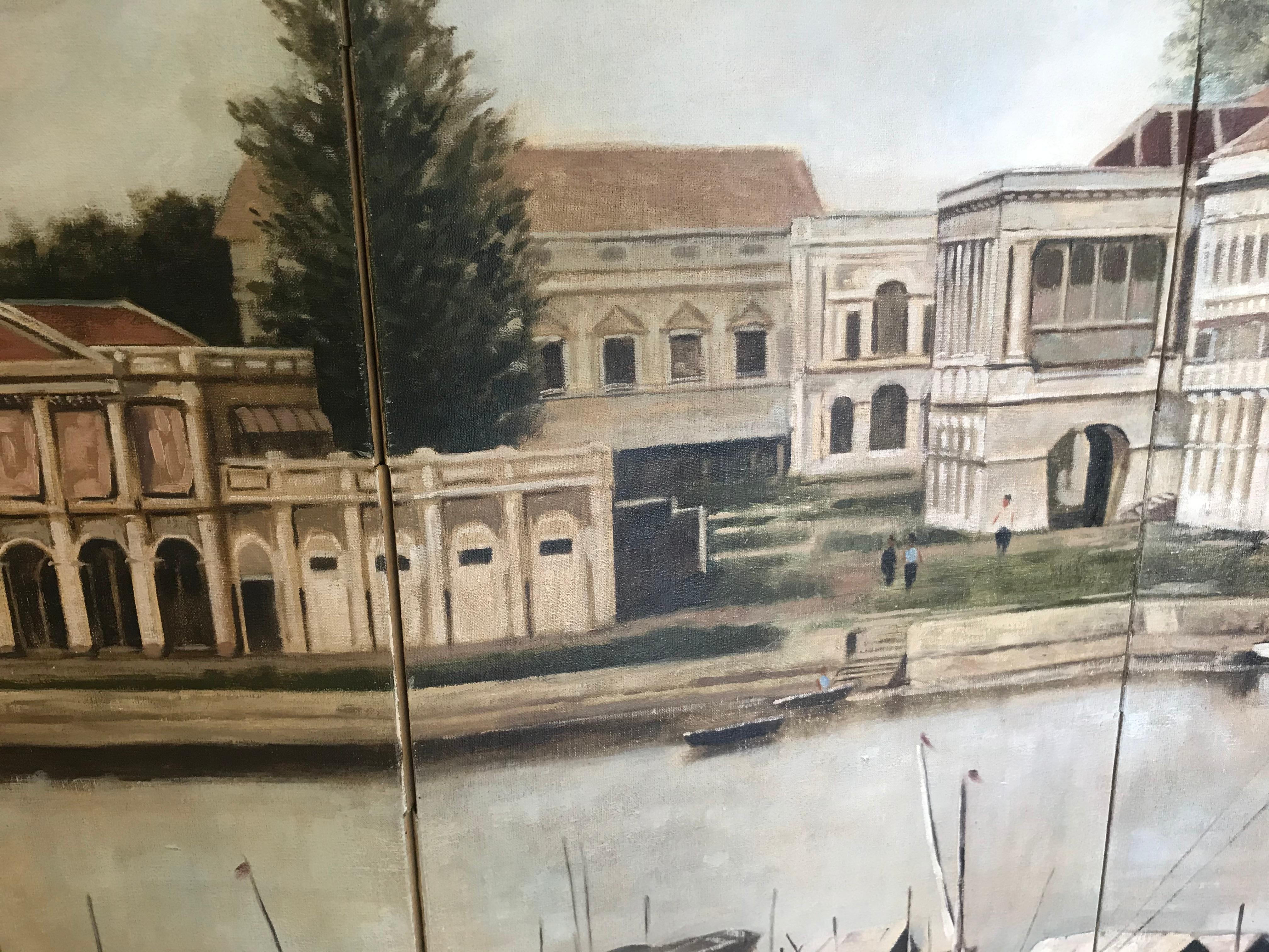 Singapore River Six-Panel Painting Screen by Chen Yong Jun For Sale 11