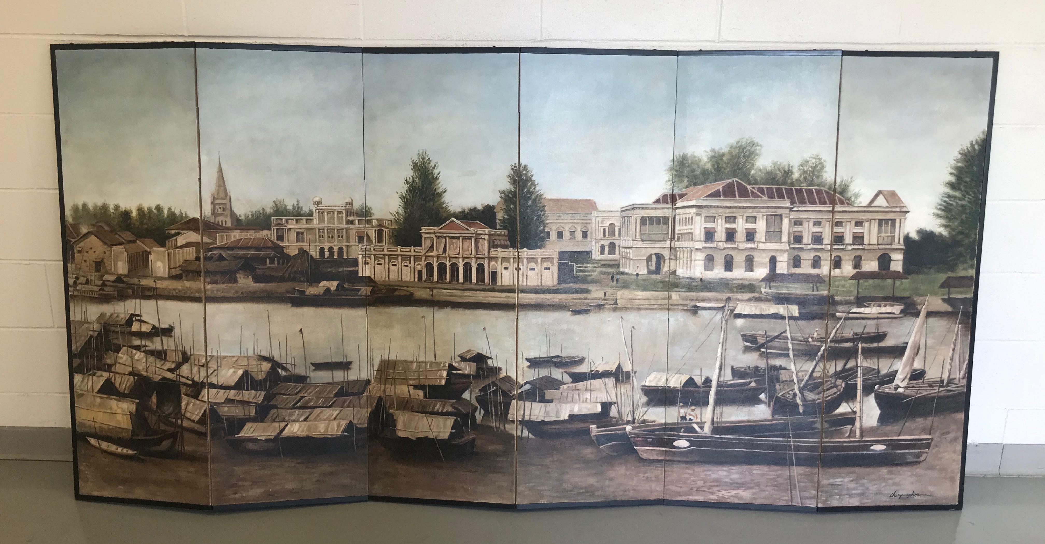 Singapore river six-panel painting or screen by artist Chen Yong Jun.

Each panel measures 16 inches wide.