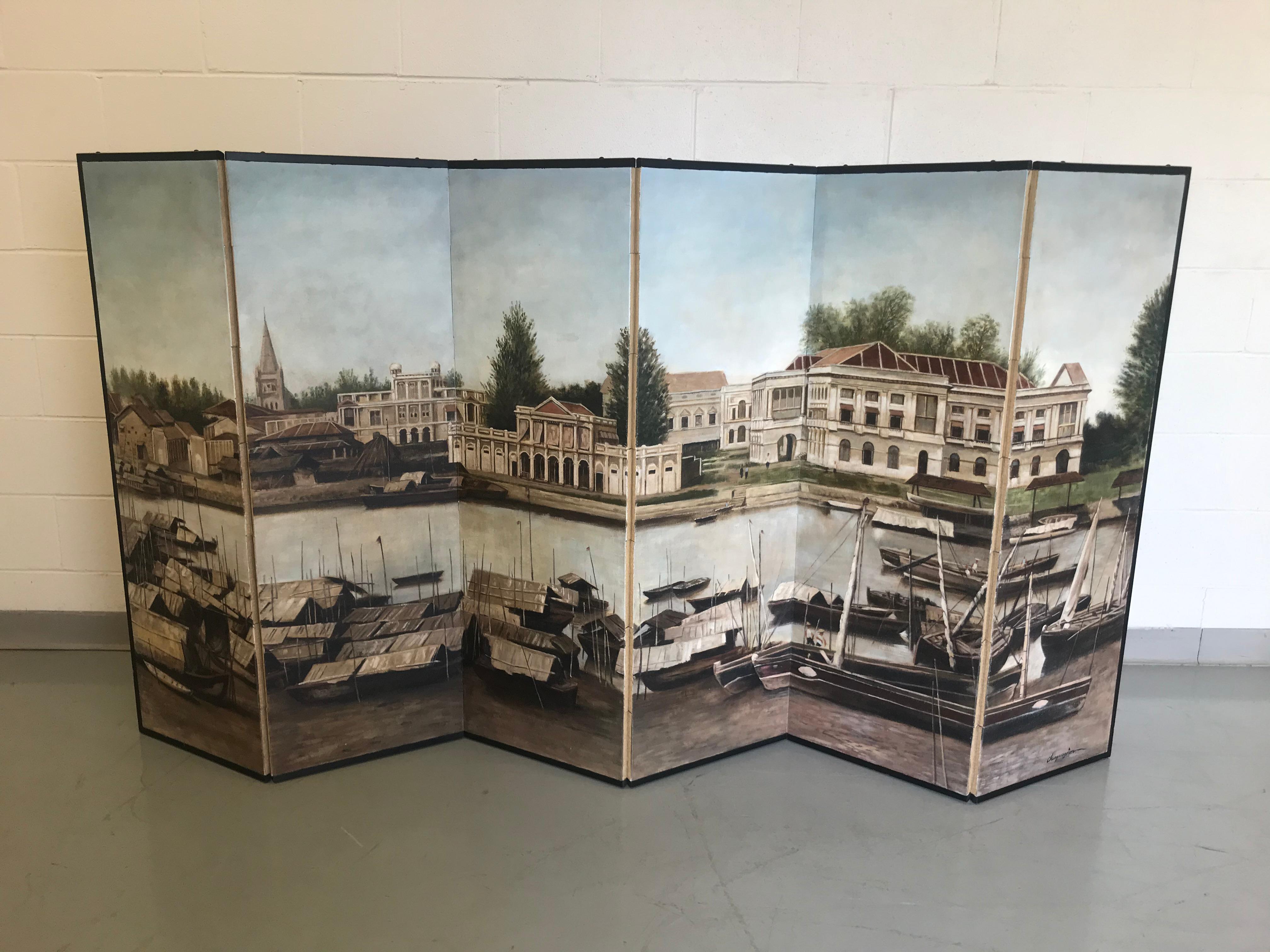 Singaporean Singapore River Six-Panel Painting Screen by Chen Yong Jun For Sale